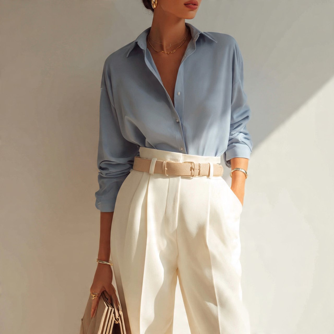 17 Business Chic Outfits That Look Polished, Modern, and Effortlessly Professional 8 soft blue shirt with ivory wide leg pantsbusiness