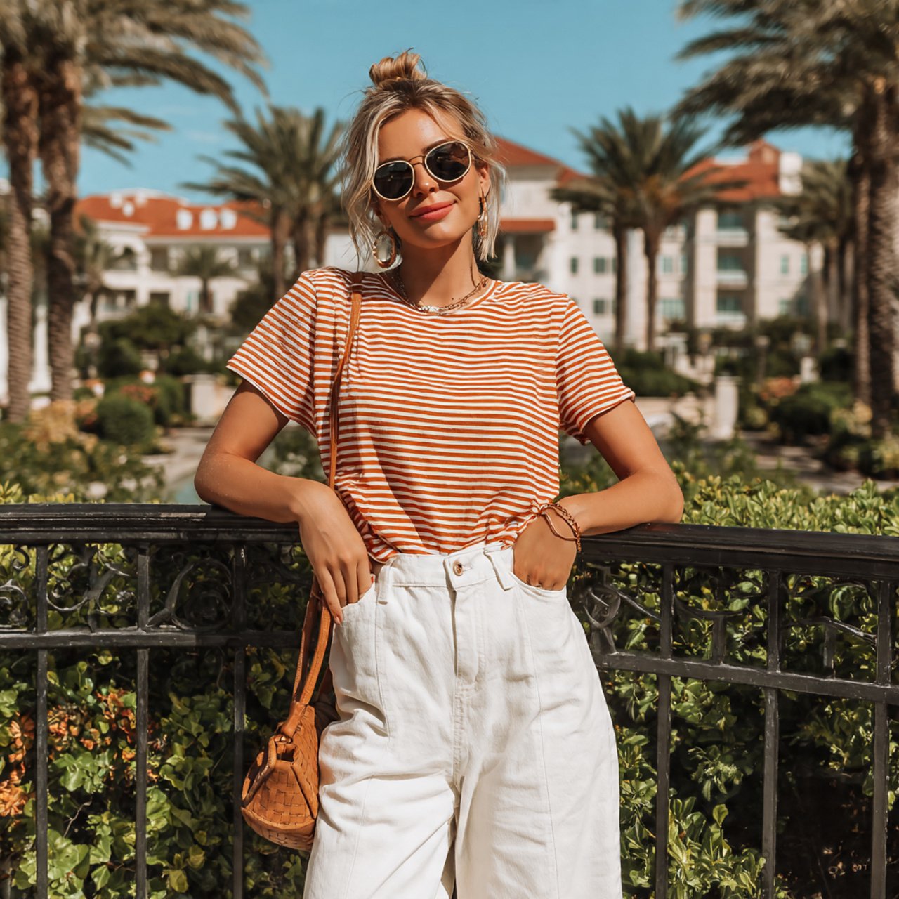 striped tee with white wide leg jeanscomfy casual