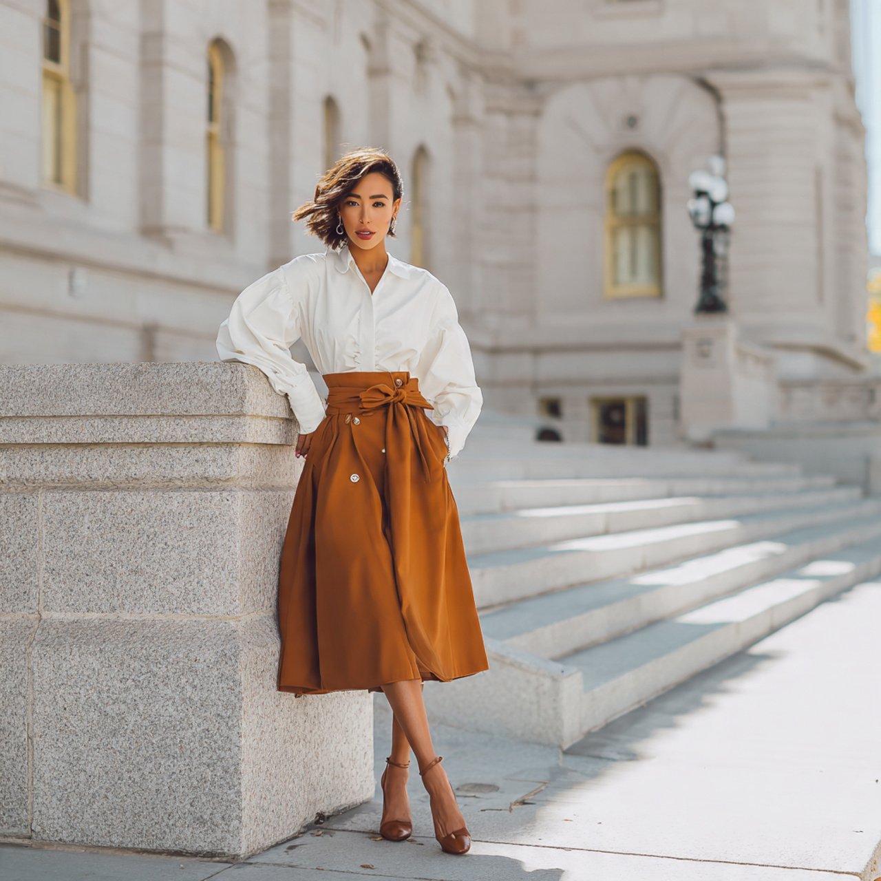 structured blouse with a line midi skirtthanksgivi
