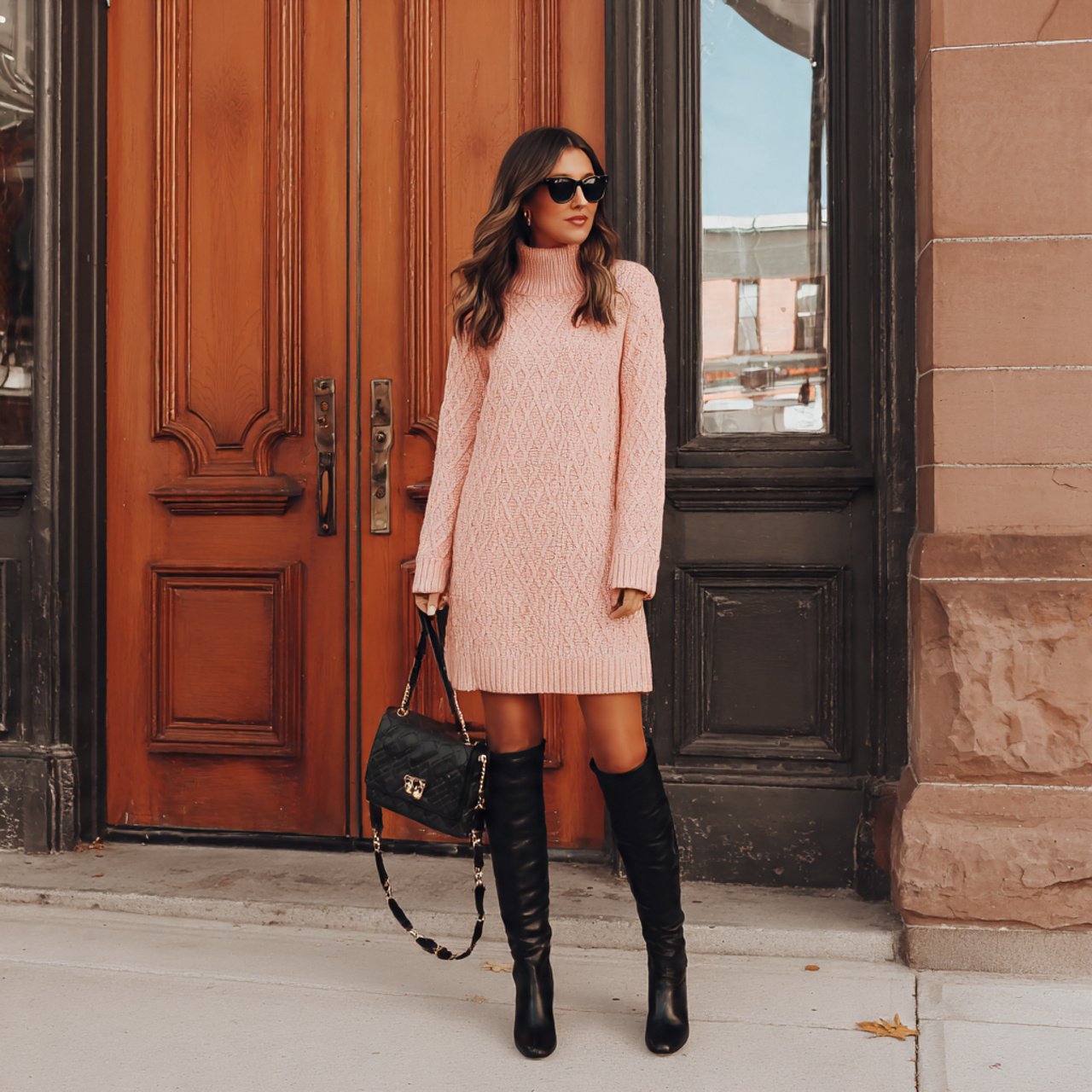sweater dress with tall bootsthanksgiving outfit i