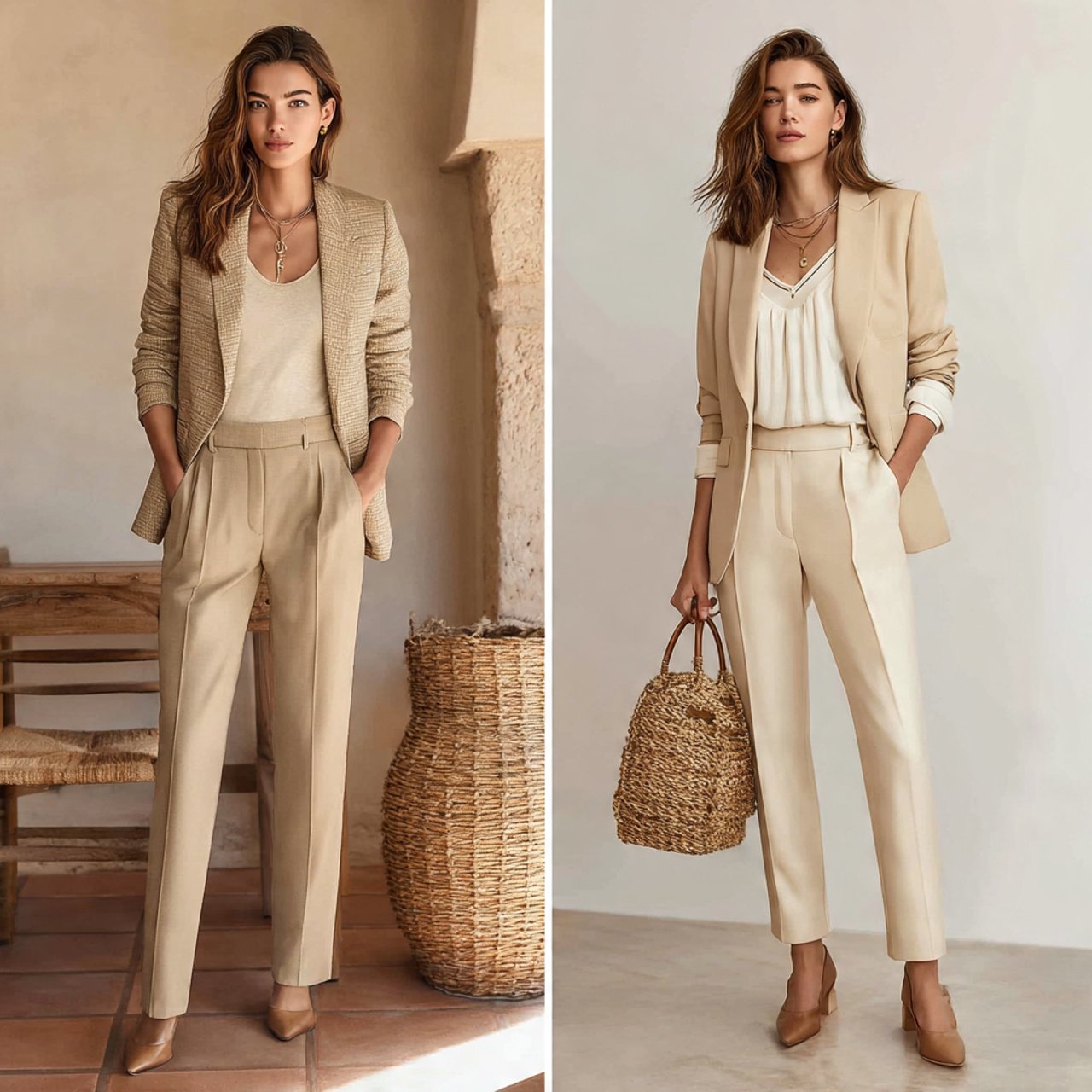 17 Business Chic Outfits That Look Polished, Modern, and Effortlessly Professional 1 tailored beige blazer with straight leg trousersbu