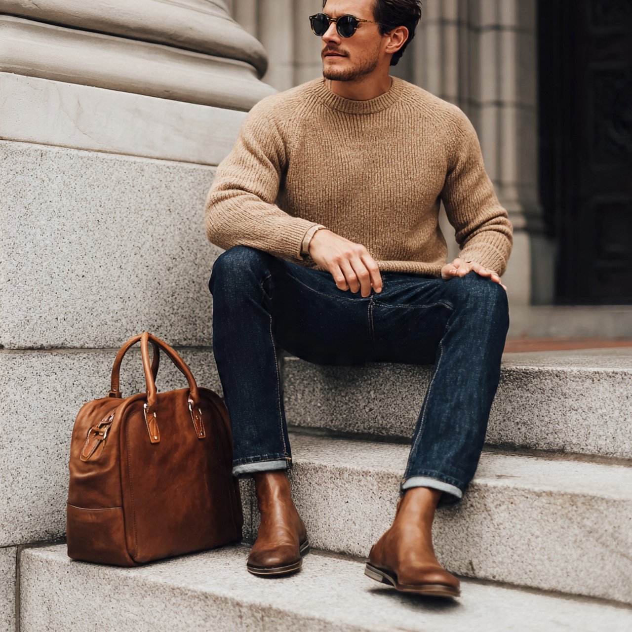thanksgiving outfit men in camel sweater and dark 1