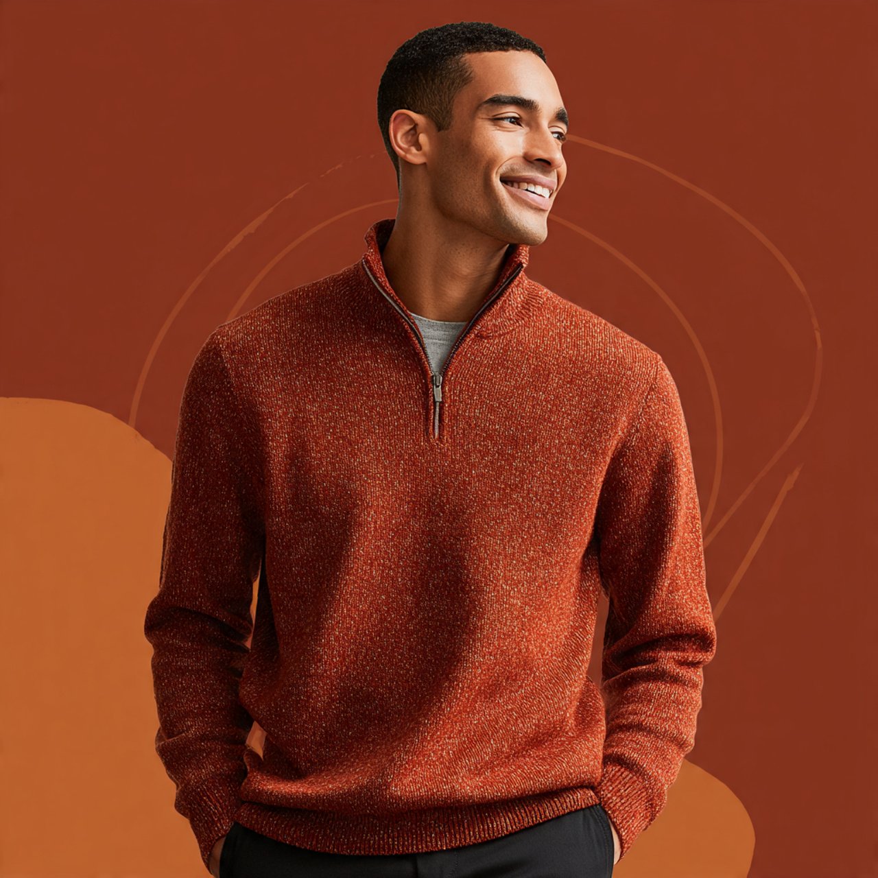 thanksgiving outfit men in rust quarter zip with c