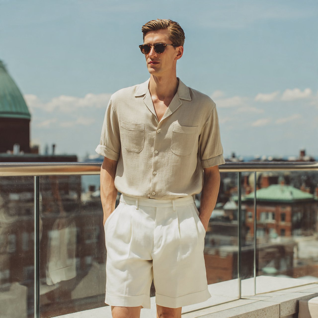 the beige camp collar shirt with tailored white sh