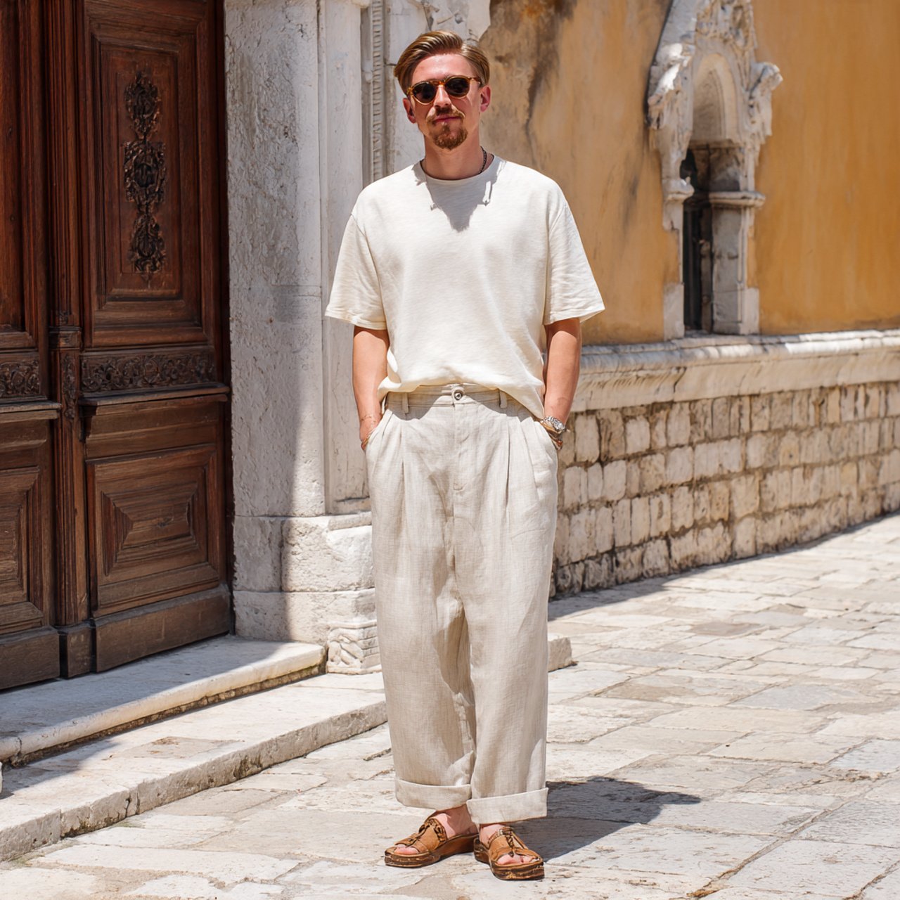 the cream t shirt with pleated linen trousersold m