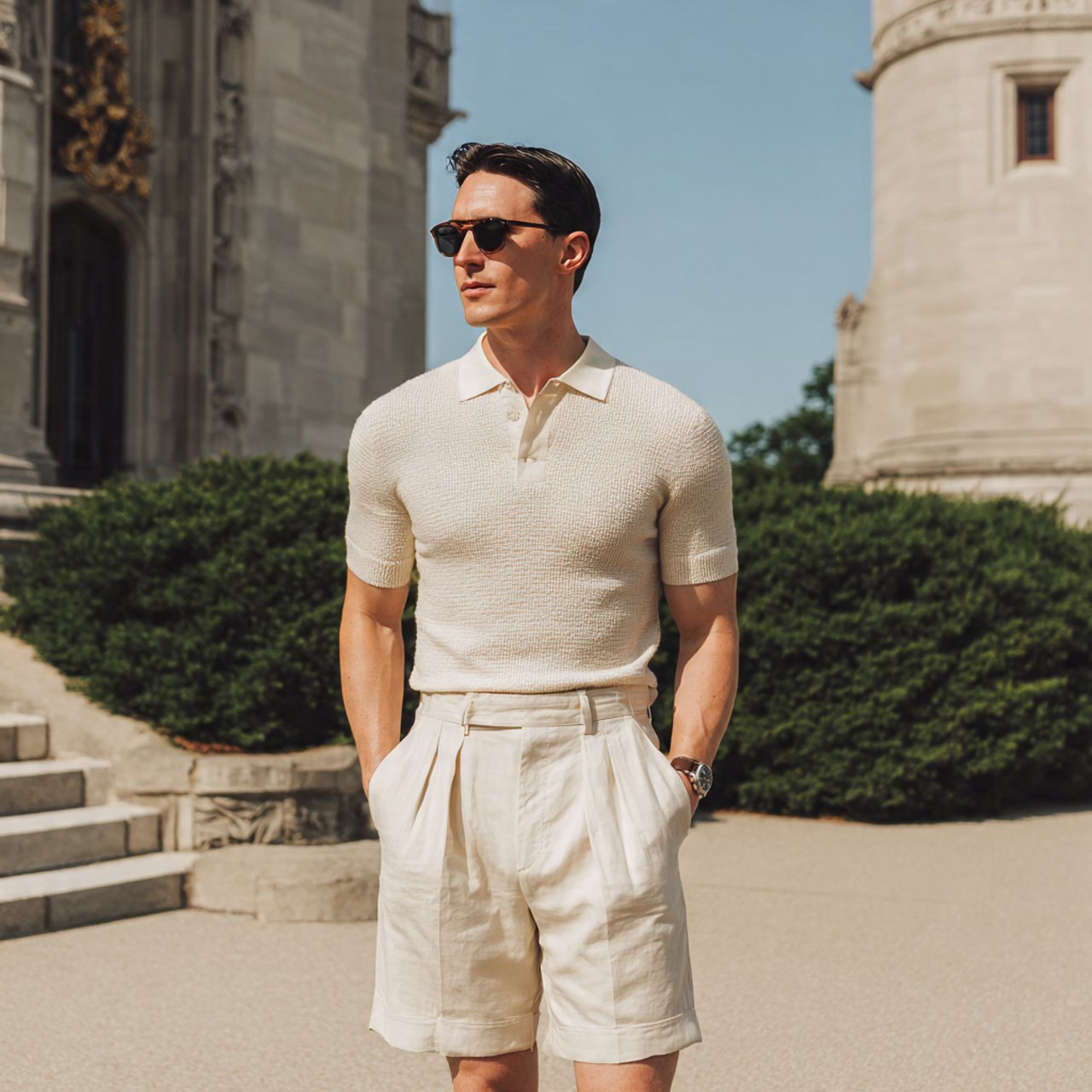 the ivory knit polo with stone pleated shortsold m