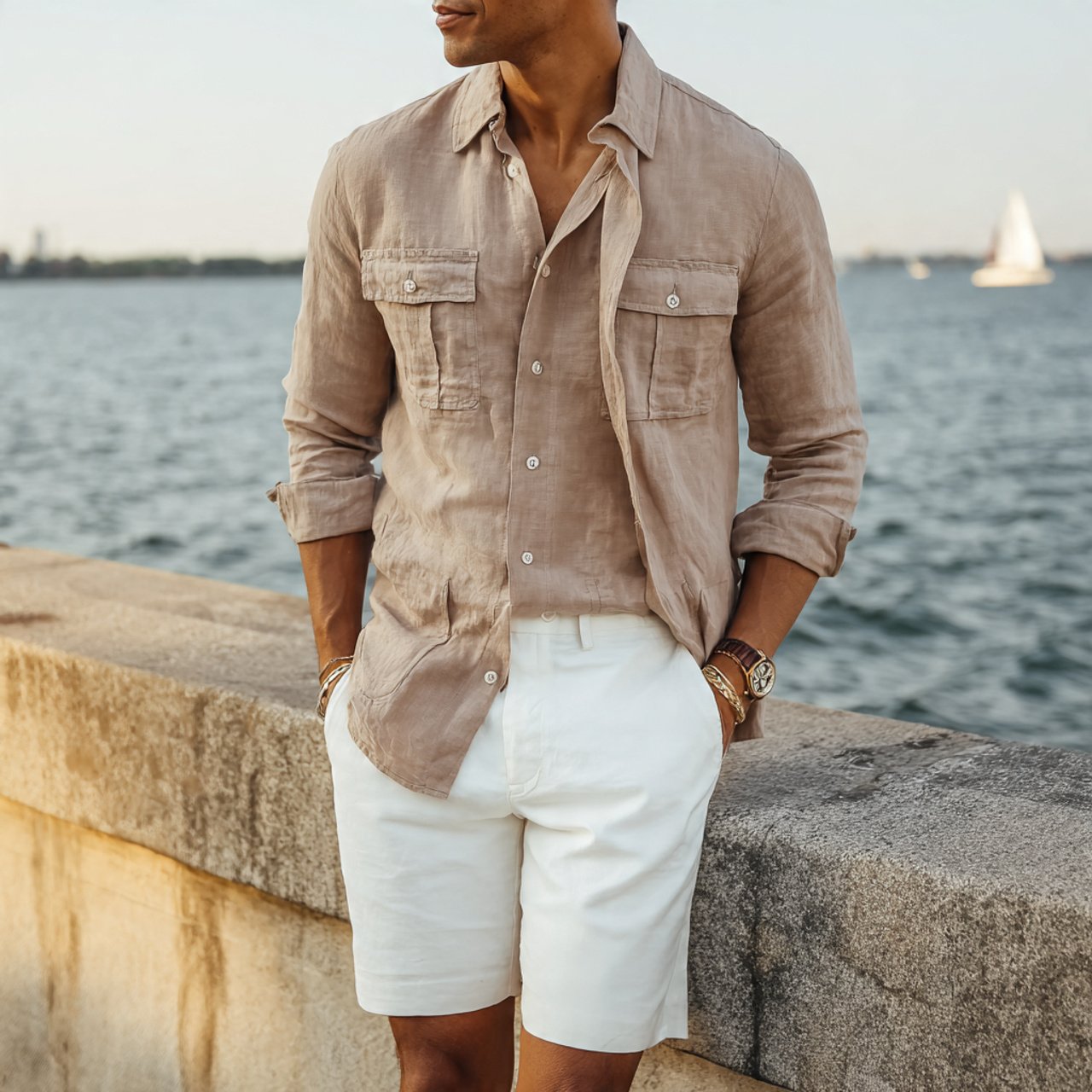 the light taupe overshirt with white shortsold mon 1