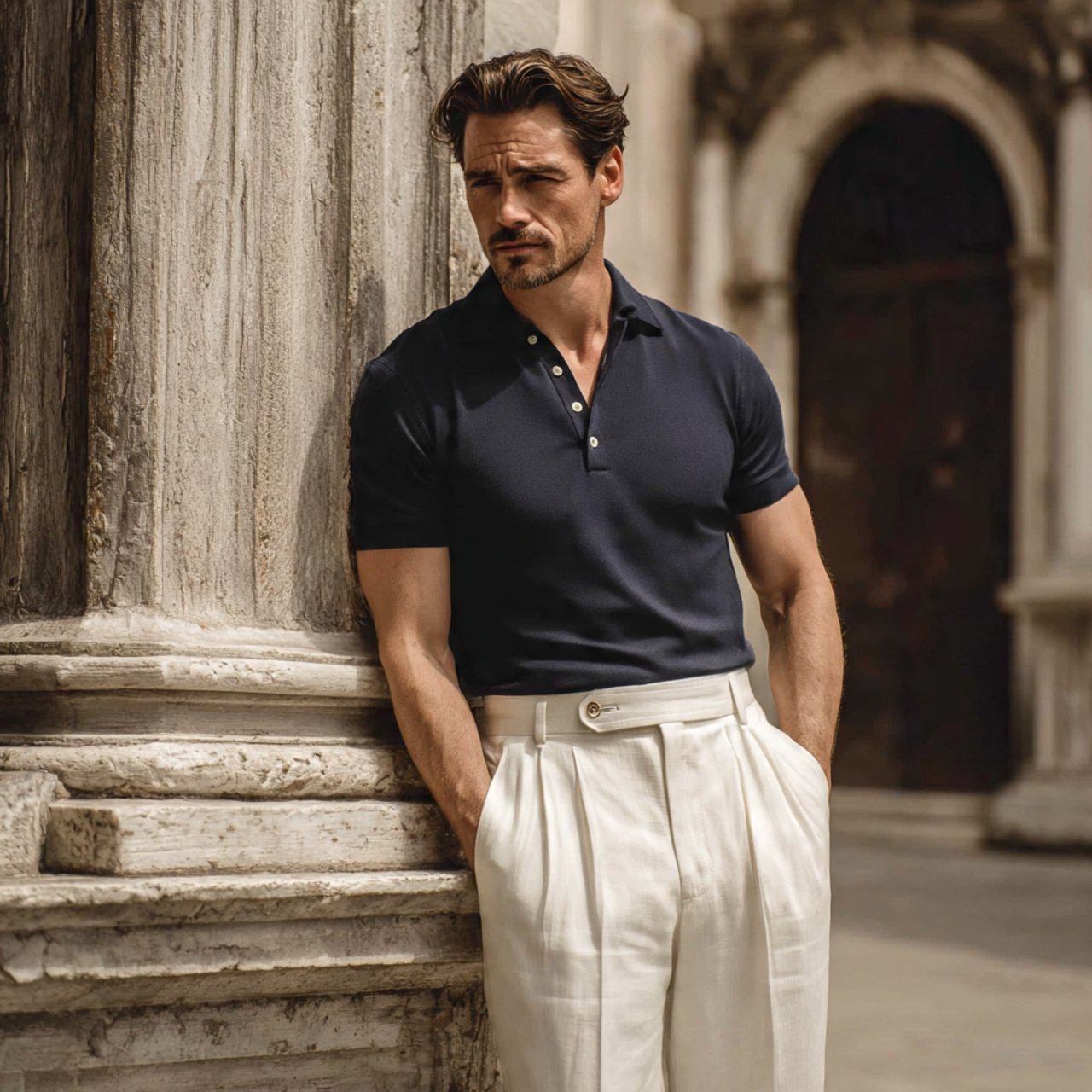 the navy polo with cream straight trousersold mone