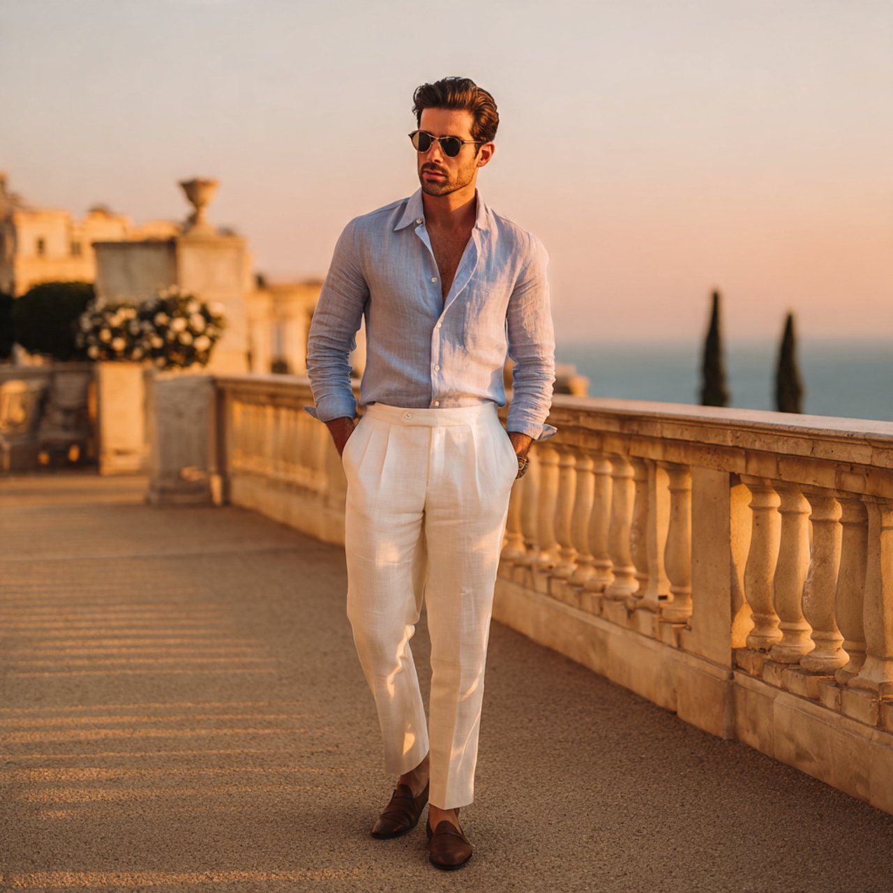 the pale blue linen shirt with white trousersold m