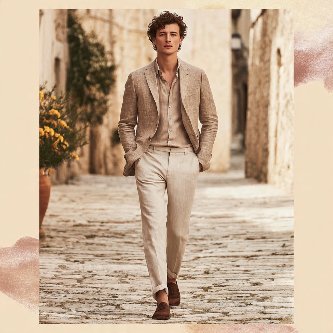 the sand blazer with an open collar linen shirtold