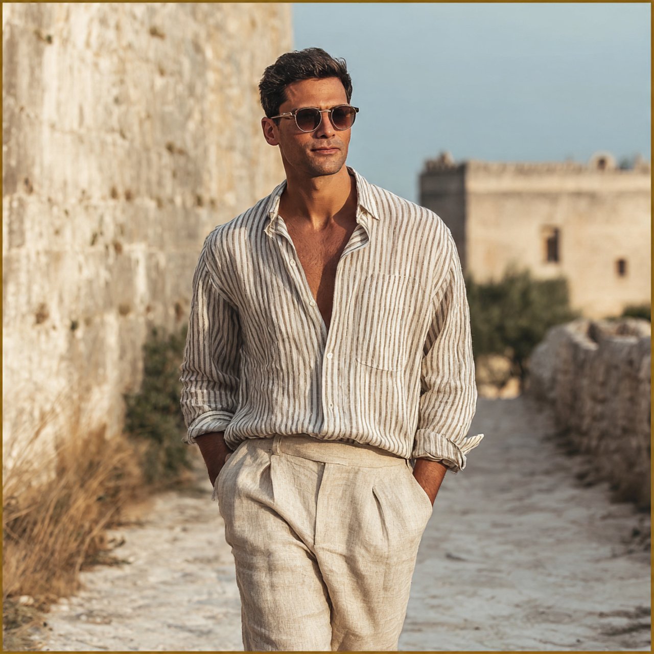 the striped linen shirt with sand trousersold mone