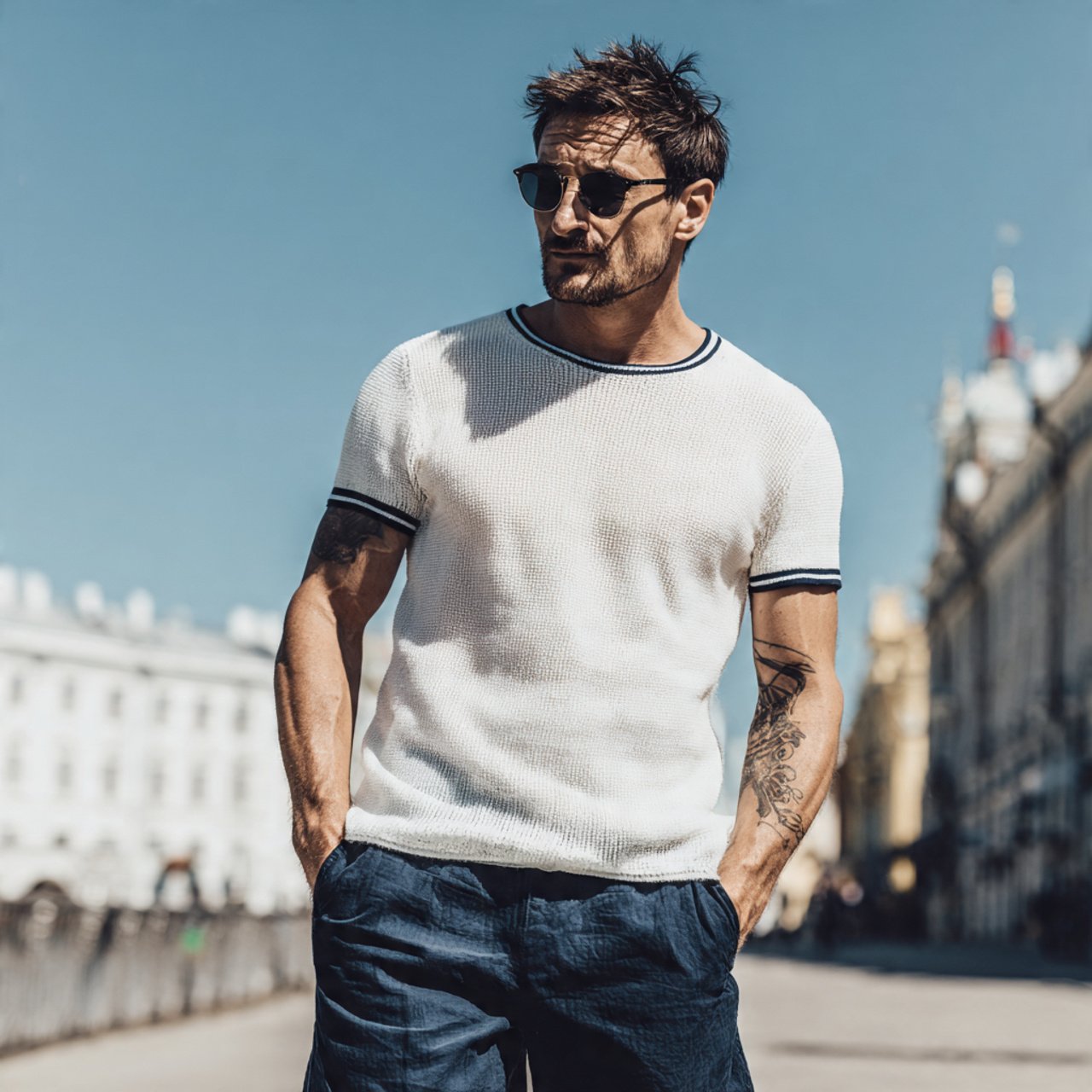 the white knit tee with navy trimmed shortsold mon