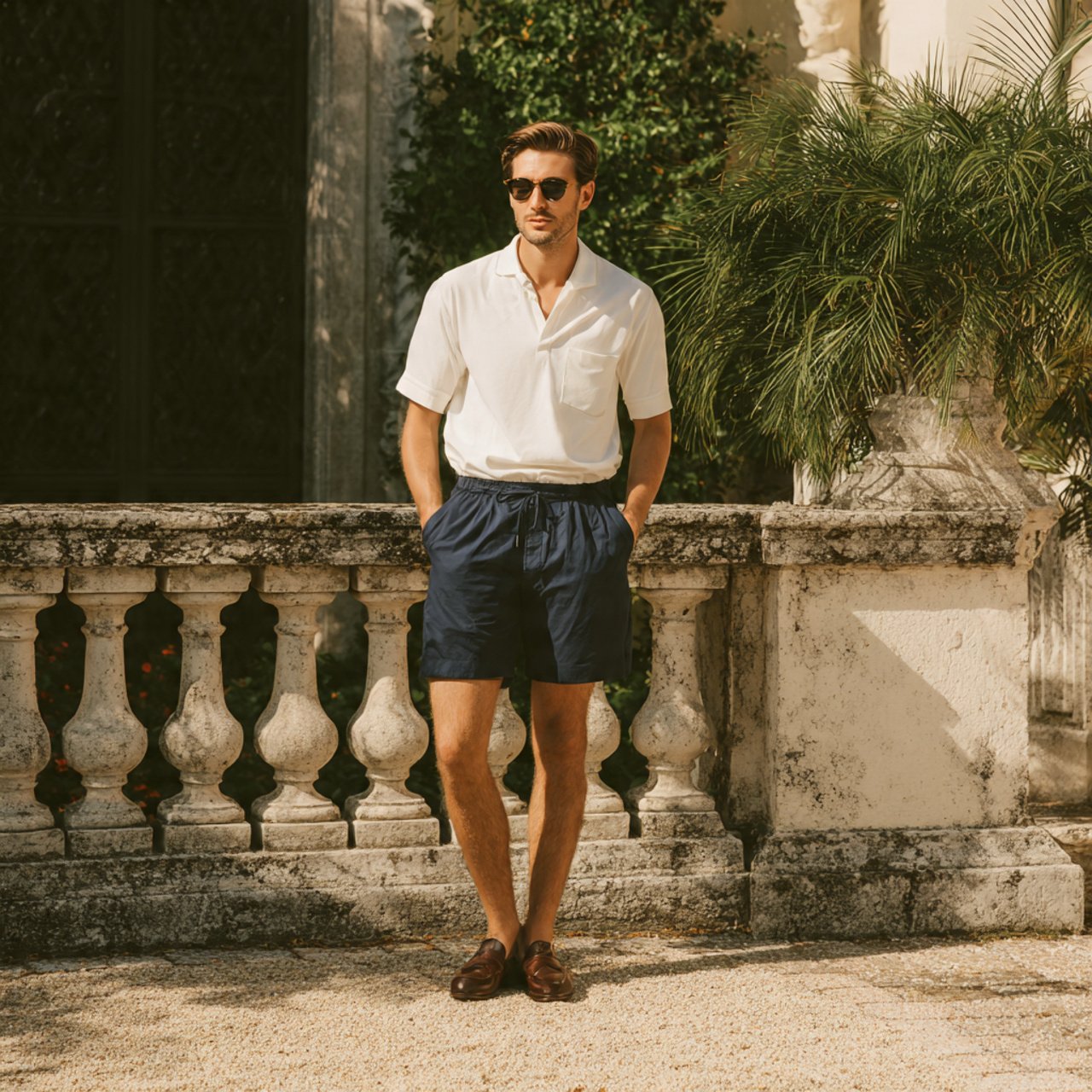 the white polo with tailored navy swim shortsold m