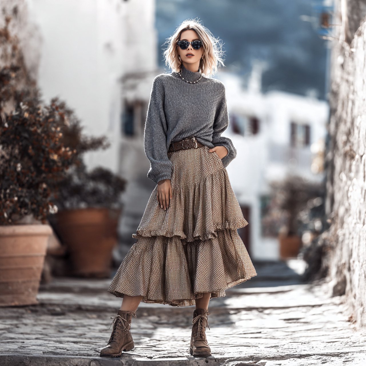 tiered midi skirt with fitted knit tophippie chic