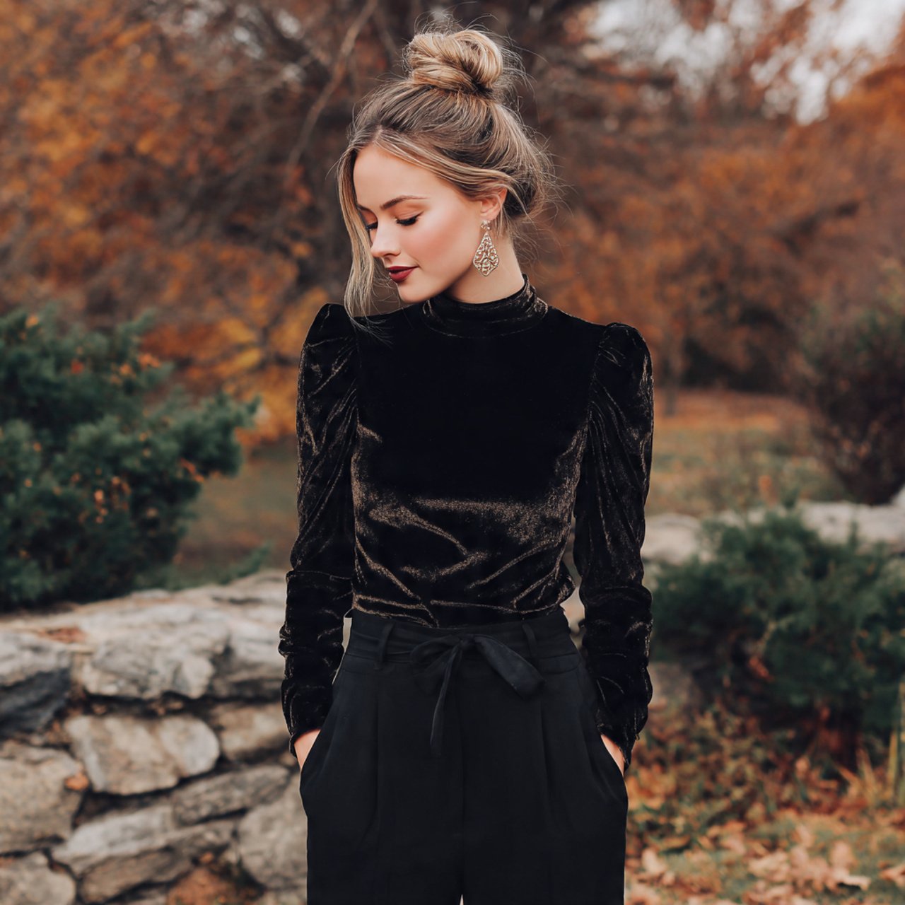 velvet top with black trousersthanksgiving outfit