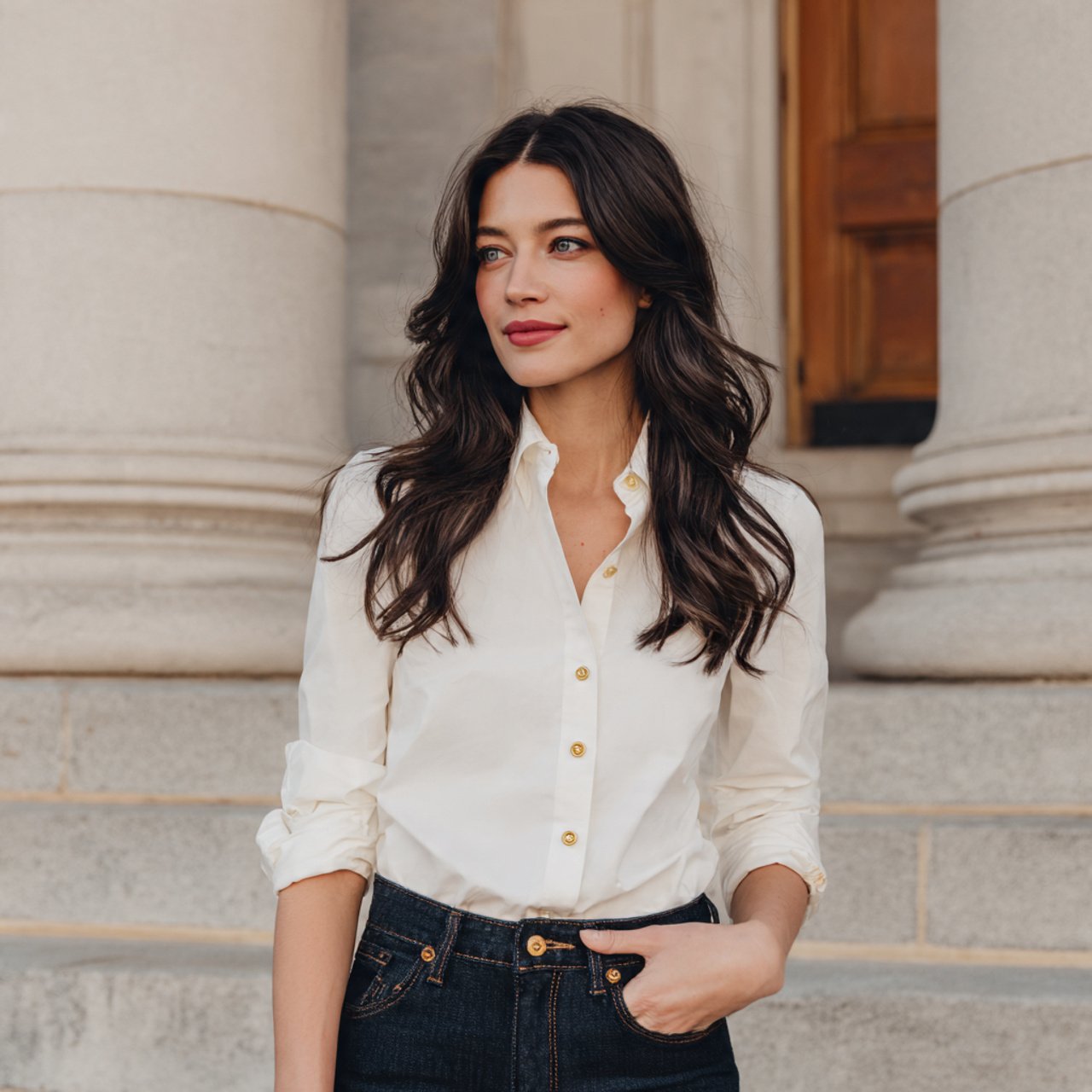 white button down with dark denimthanksgiving outf