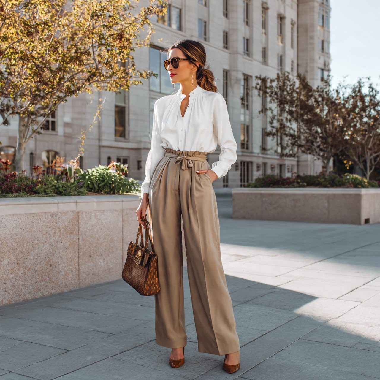 17 Business Chic Outfits That Look Polished, Modern, and Effortlessly Professional 2 white button down with pleated wide leg pantsbusin