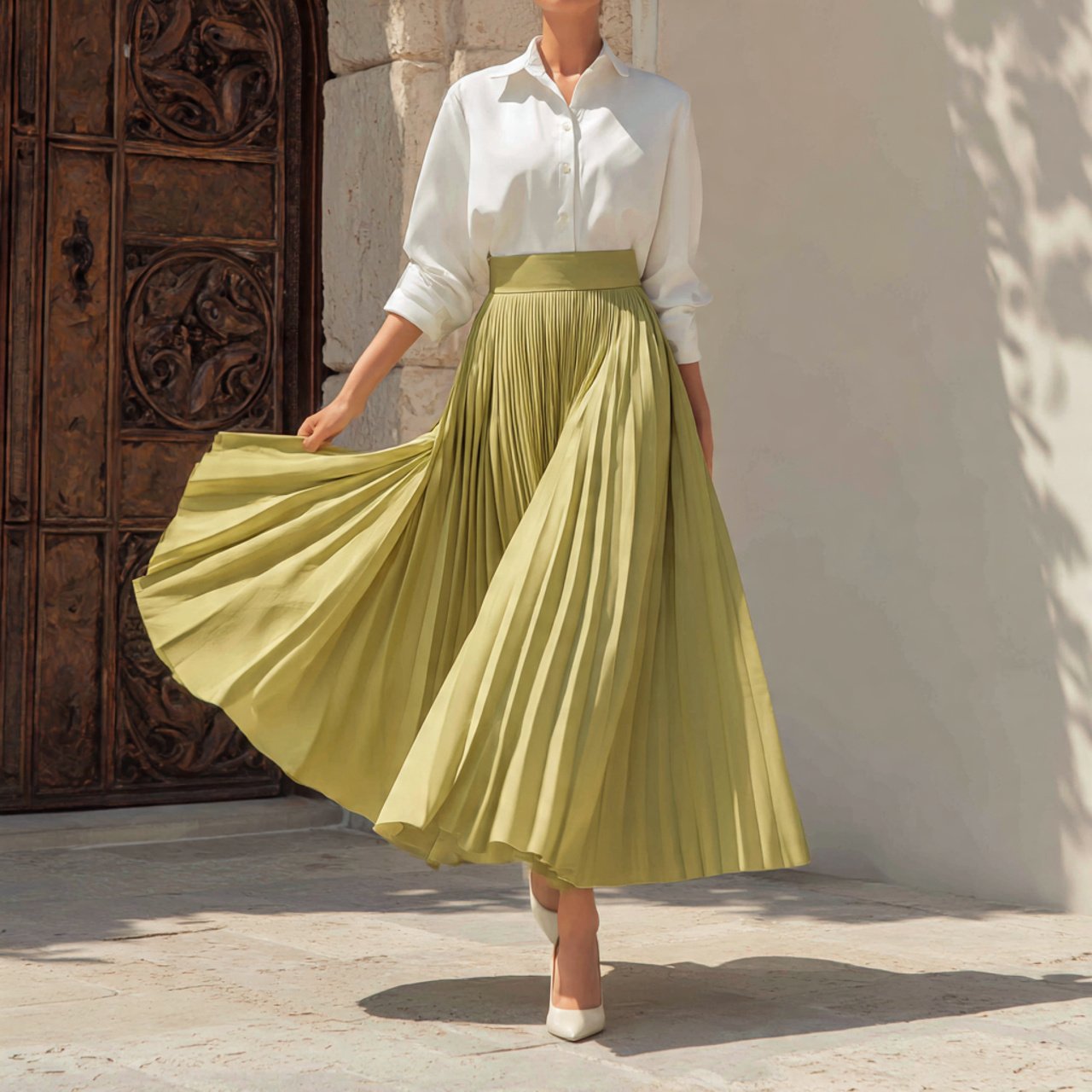 white shirt with flowing pleated midi skirtchic sp
