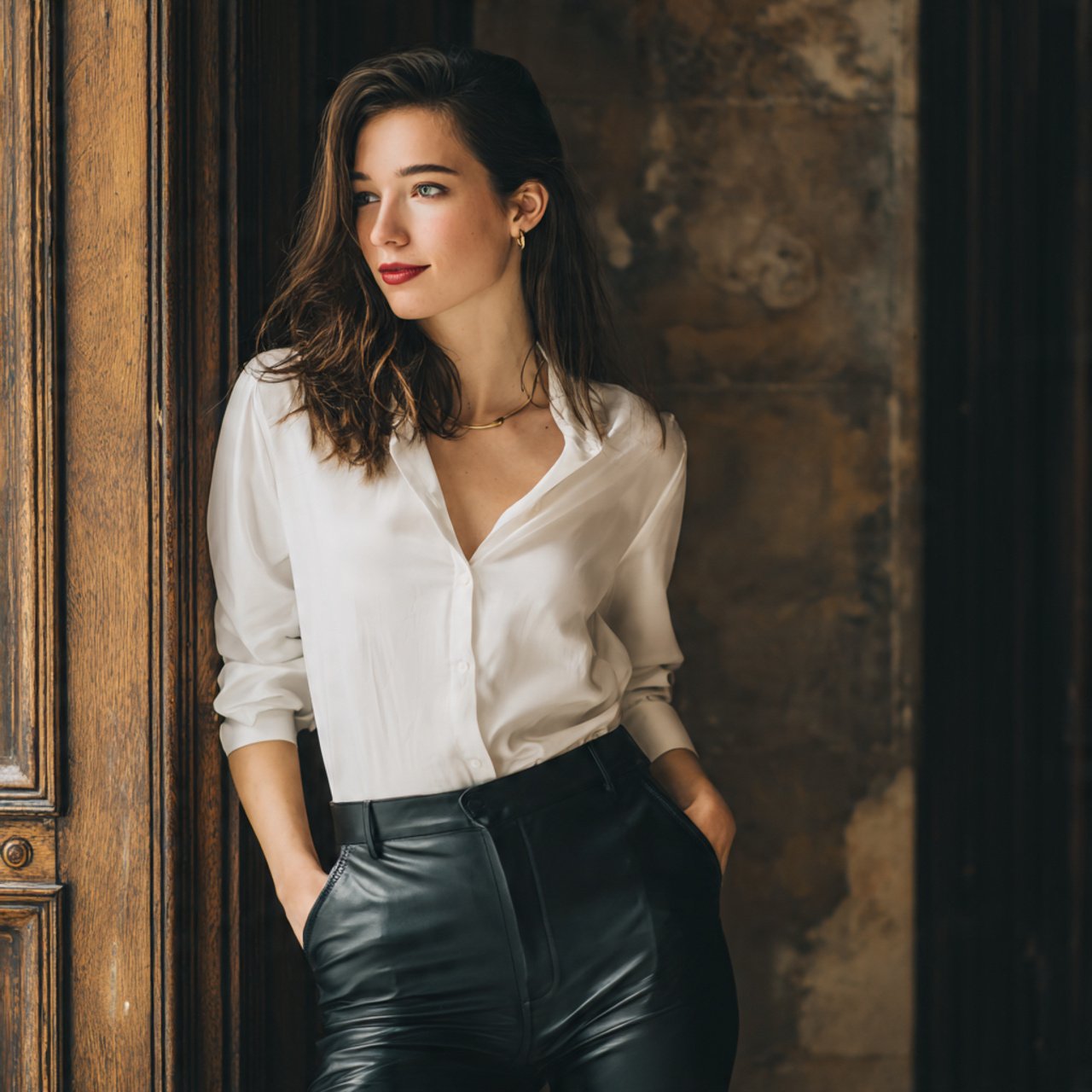 white shirt with leather pantsfirst date night wom