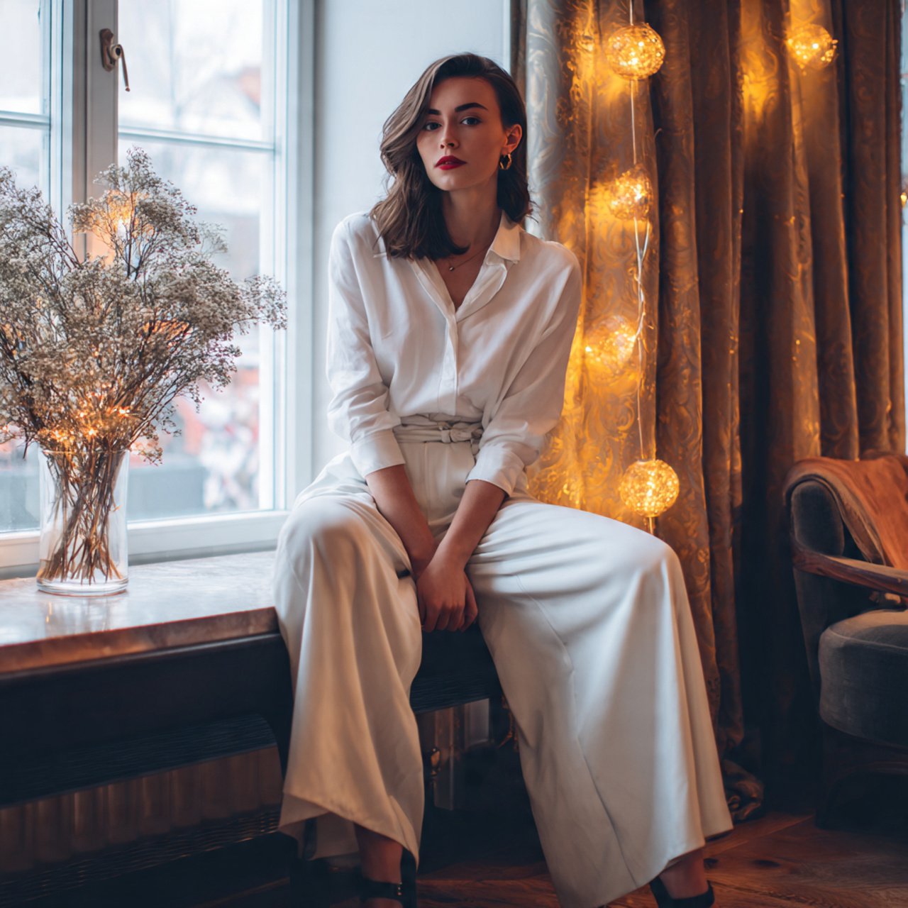 white shirt with wide leg trousersdate night outfi