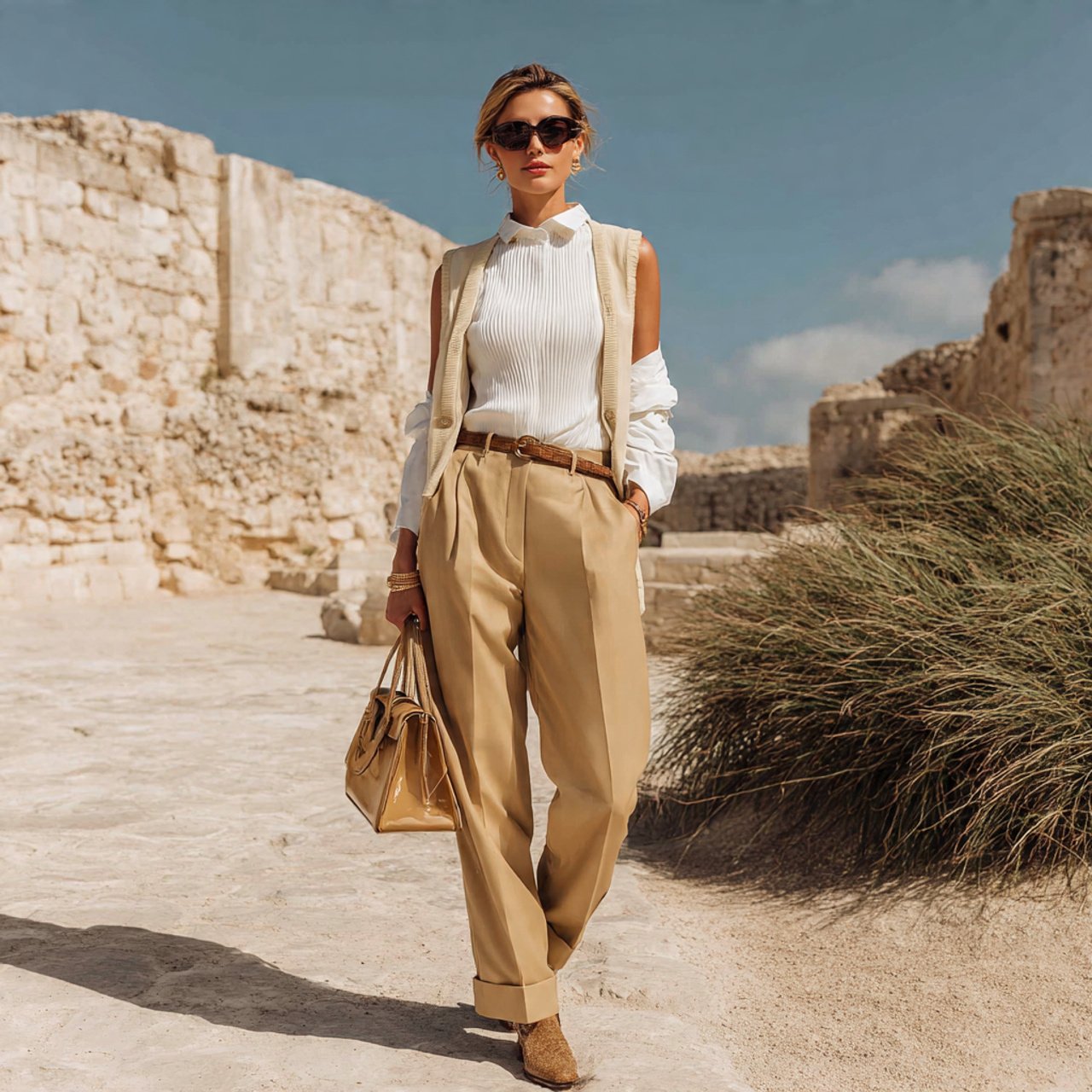 white tank camel trousers and longline shirtchic s