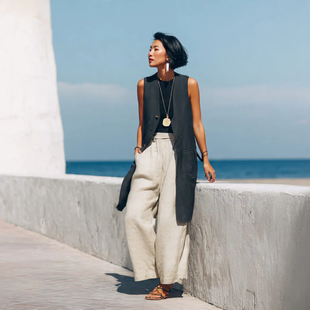 Chic Summer Outfits: 17 Polished Looks That Feel Light, Expensive, and Easy 4 a beautiful woman wearing longline vest