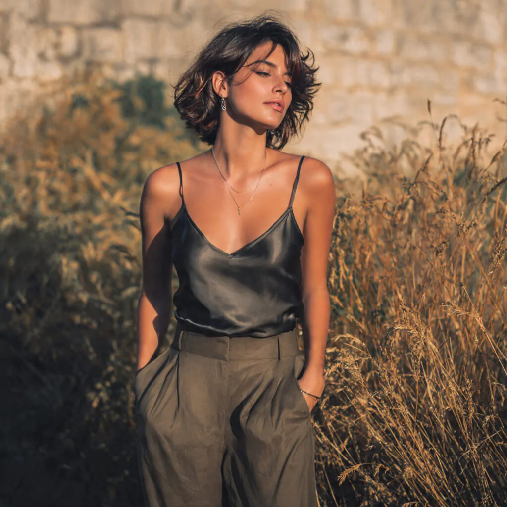 Chic Summer Outfits: 17 Polished Looks That Feel Light, Expensive, and Easy 11 a beautiful woman wearing satin camisole
