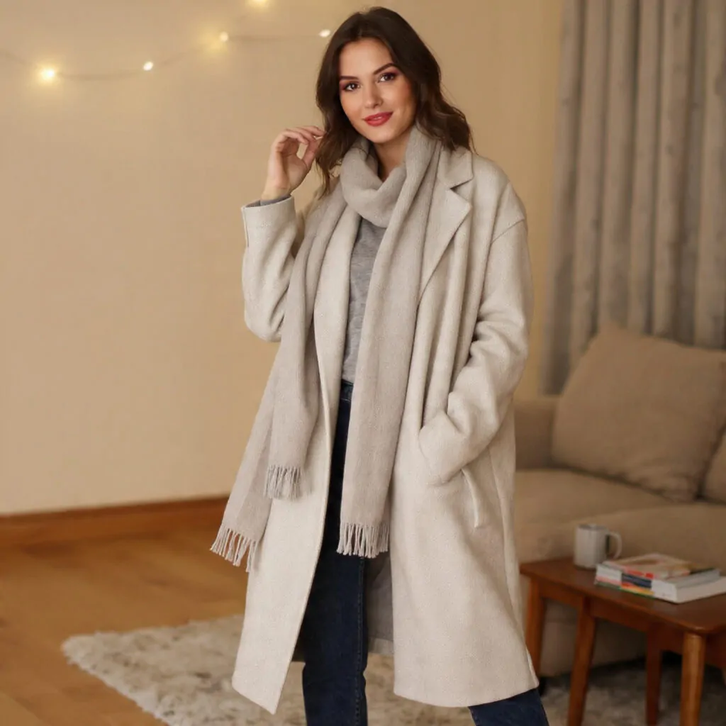 Chic Winter Outfits: 15 Polished, Warm, Client-Approved Looks That Always Read Expensive 4 a beautiful woman wearing scarf coat