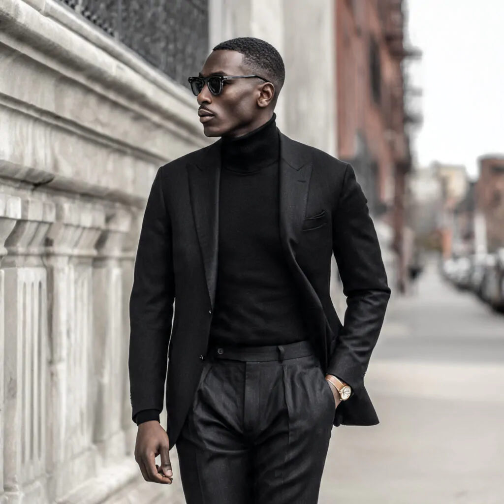 black turtleneck tailored suit