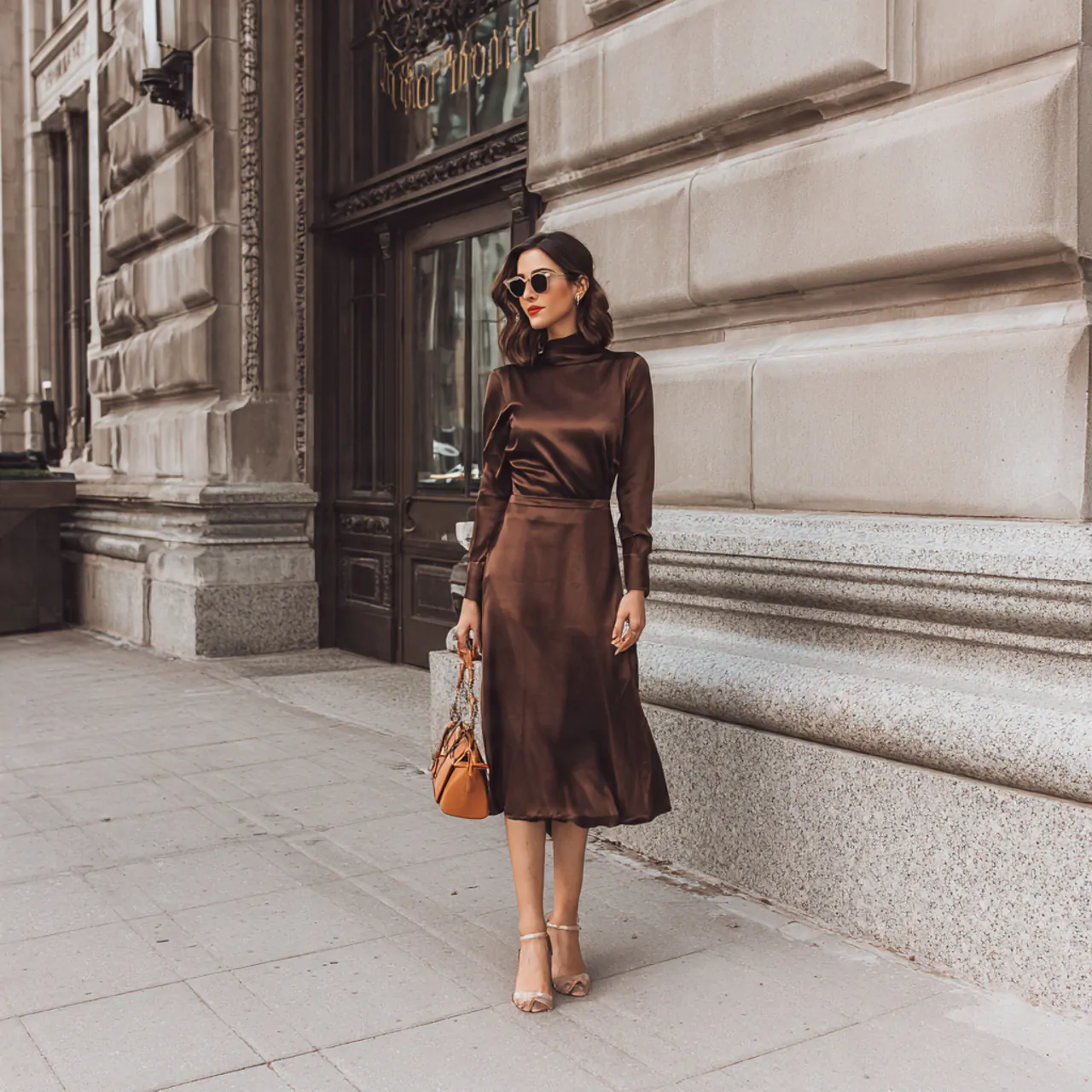 chocolate brown satin mock neck midi dress with st