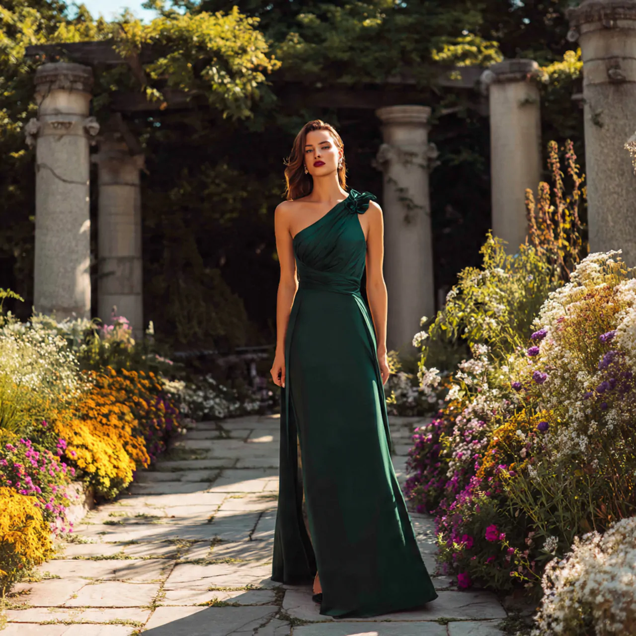 deep green one shoulder crepe gown with garden bac