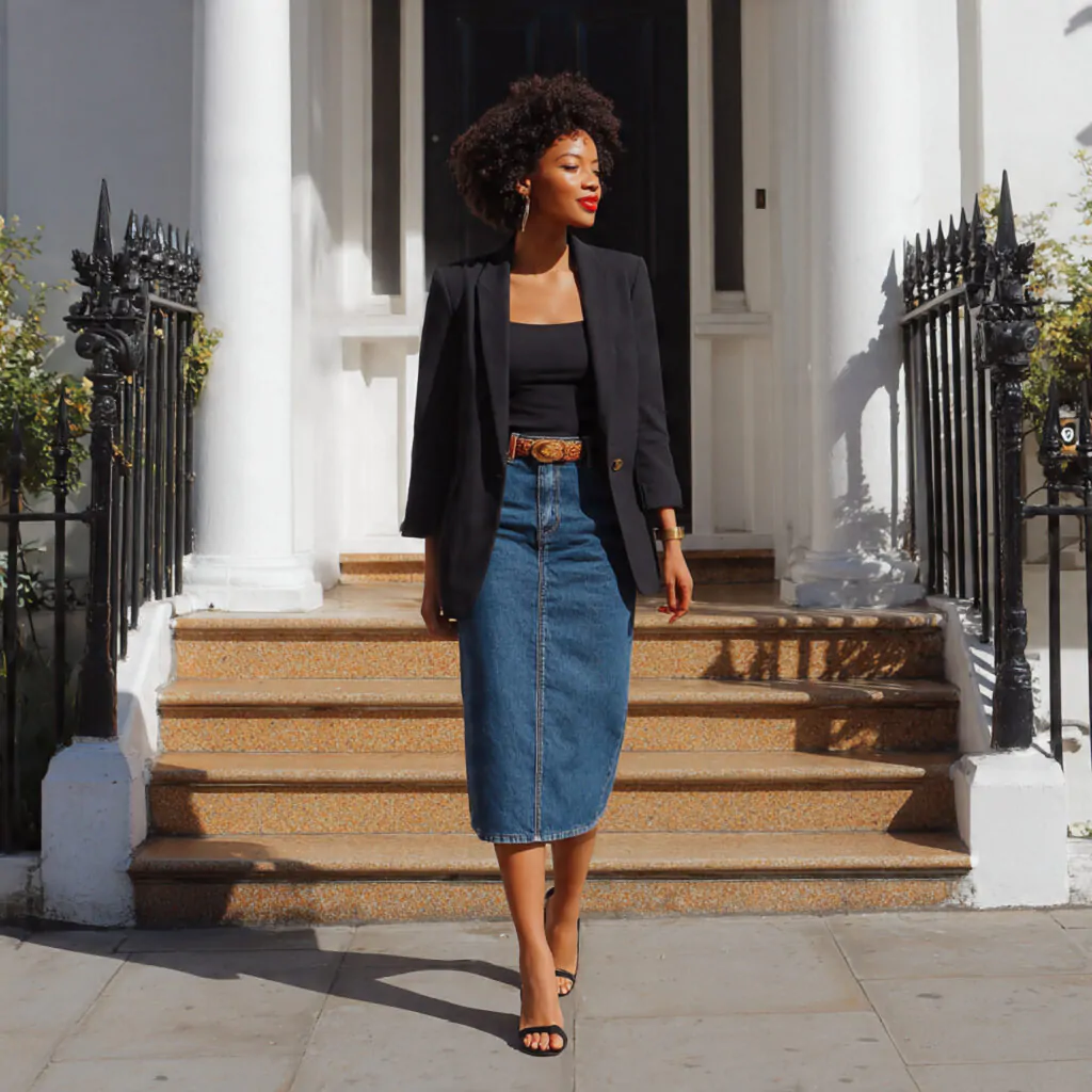 denim midi skirt fitted top blazer black blazer ou