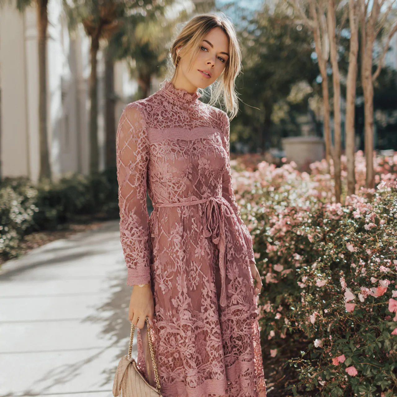dusty rose long sleeve lace midi dress 1