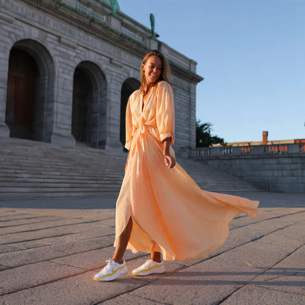 flowing maxi dress and sneakers