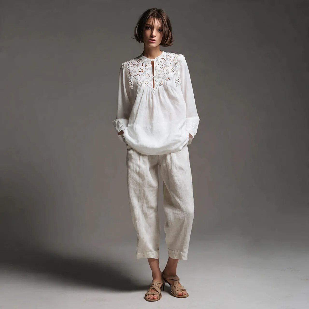 Shabby Chic Outfits: 16 Thoughtful Ways to Dress with Soft Romance and Effortless Ease 2 lace trim cotton blouse with relaxed linen trouser