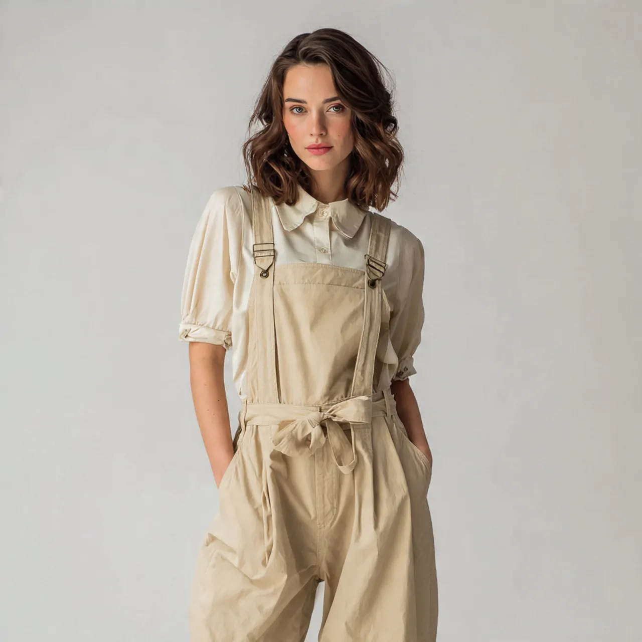 Shabby Chic Outfits: 16 Thoughtful Ways to Dress with Soft Romance and Effortless Ease 11 neutral cotton overalls with soft blouse for woman