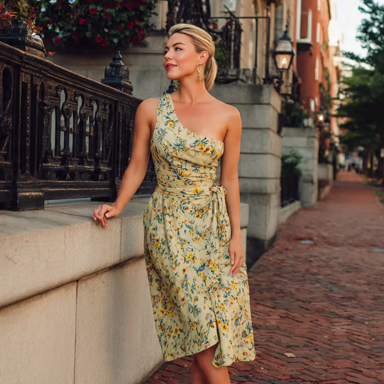 one shoulder crepe midi with cozy background