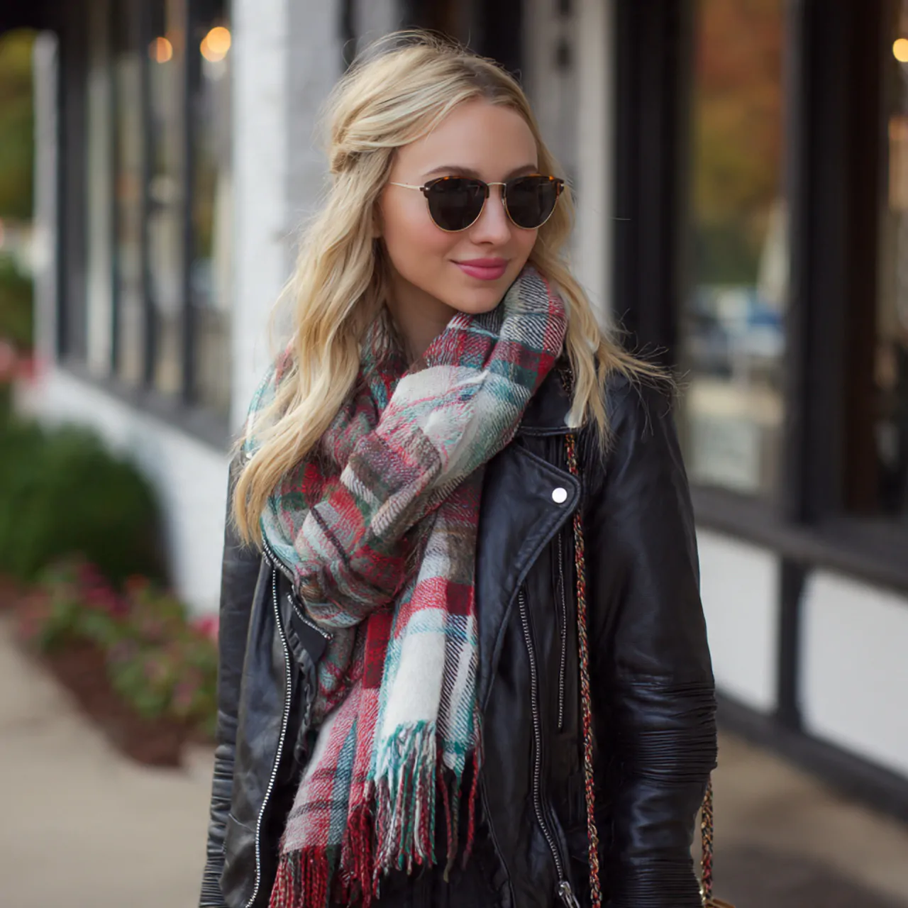17 Stunning and Comfy Winter Outfits for Maximum Comfort and Style 10 plaid blanket scarf leather jacket