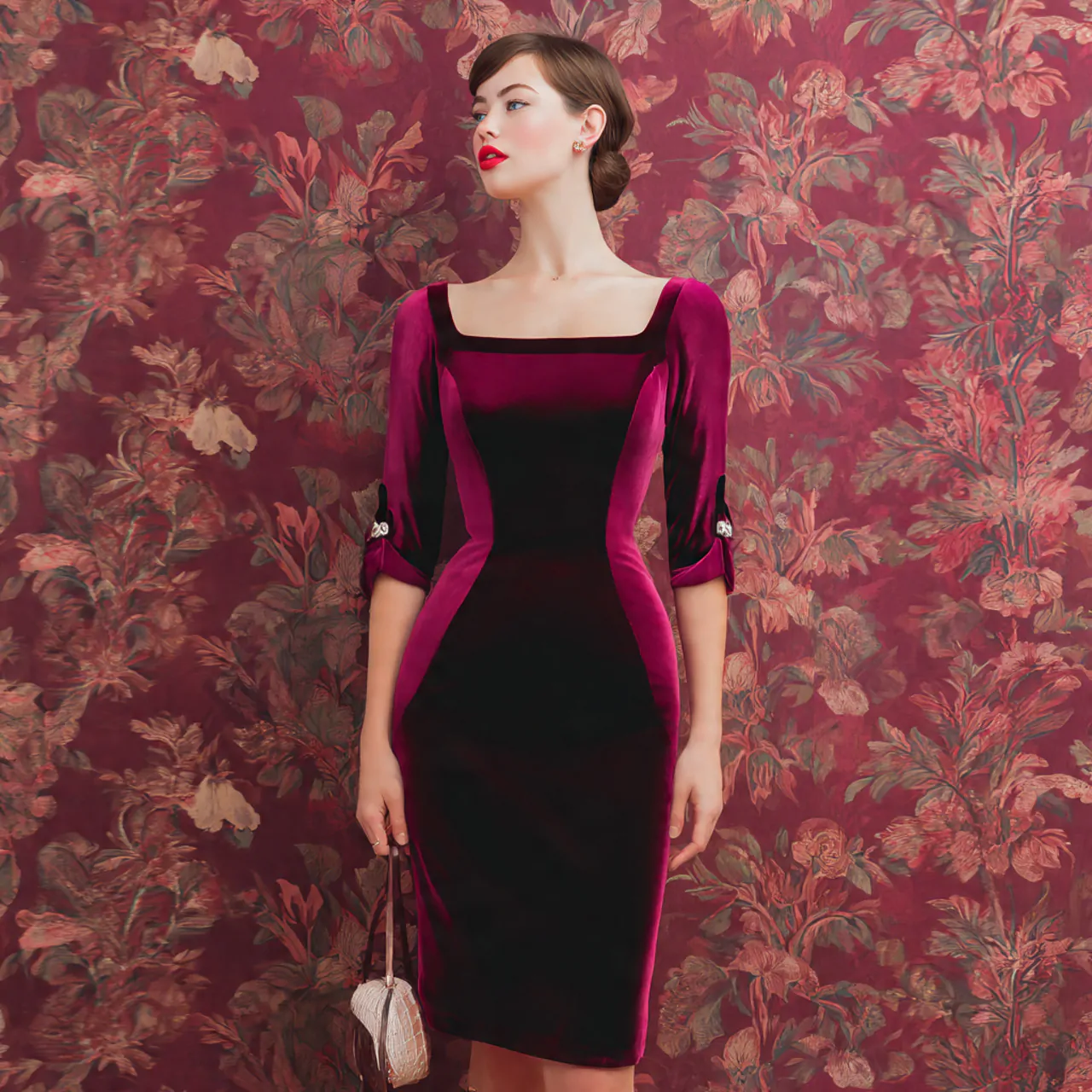 ruby velvet sheath dress with elbow sleeves with b