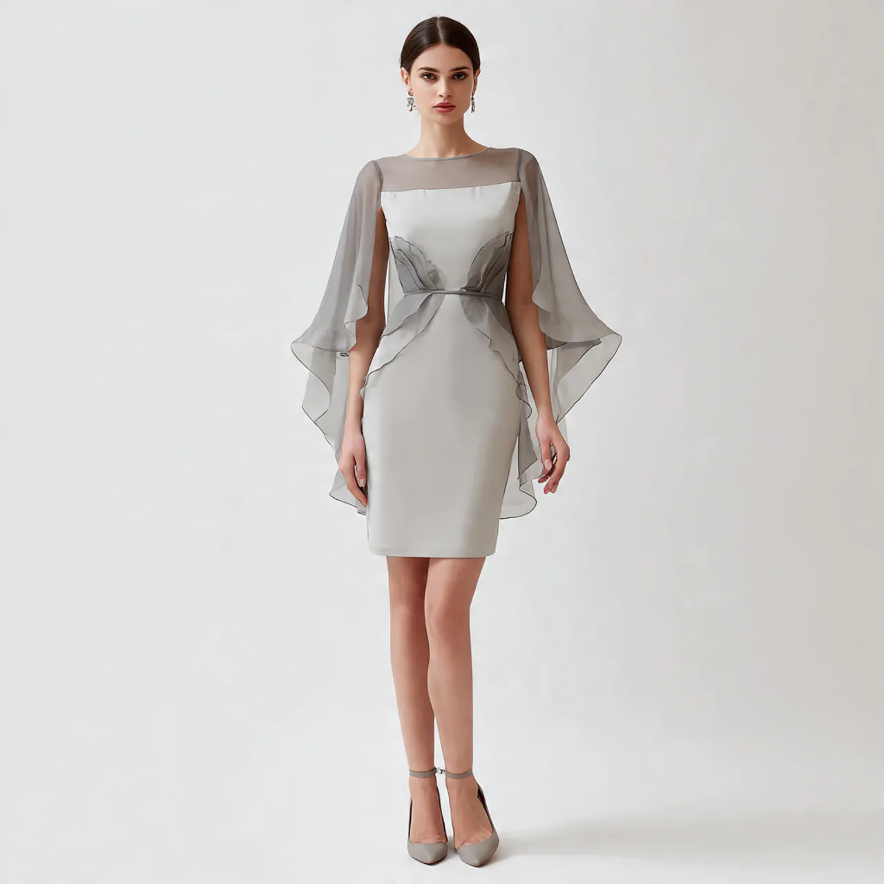 silver gray crepe dress with cape sleeves