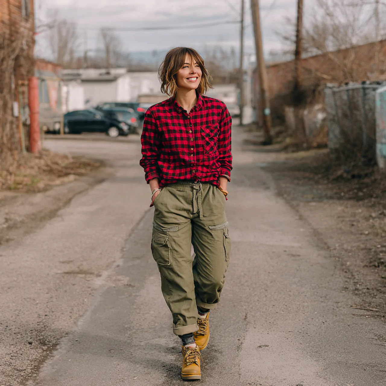 17 Stunning and Comfy Winter Outfits for Maximum Comfort and Style 8 woman image wearing flannel shirt utility pants