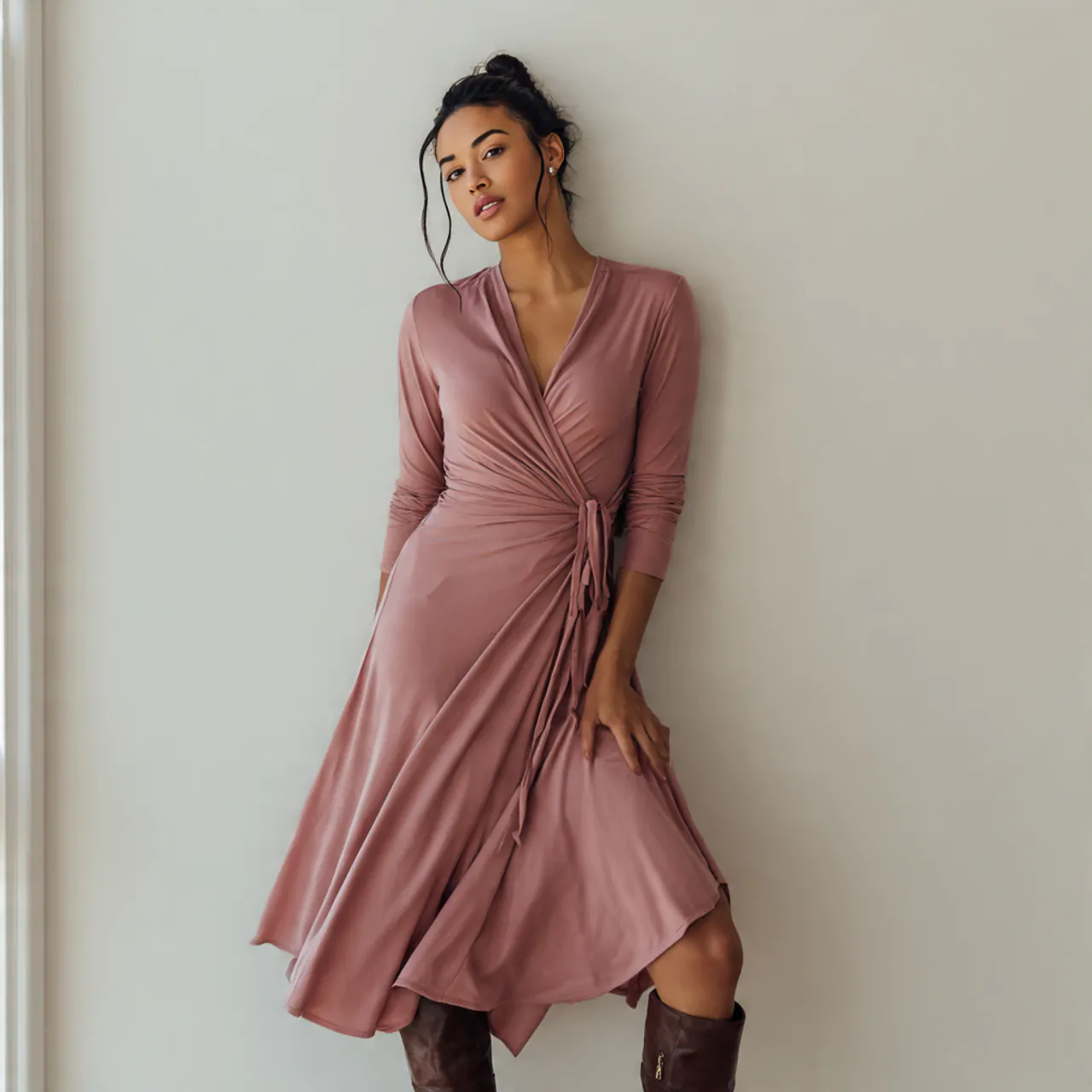 wrap front matte jersey midi with cozy background 1