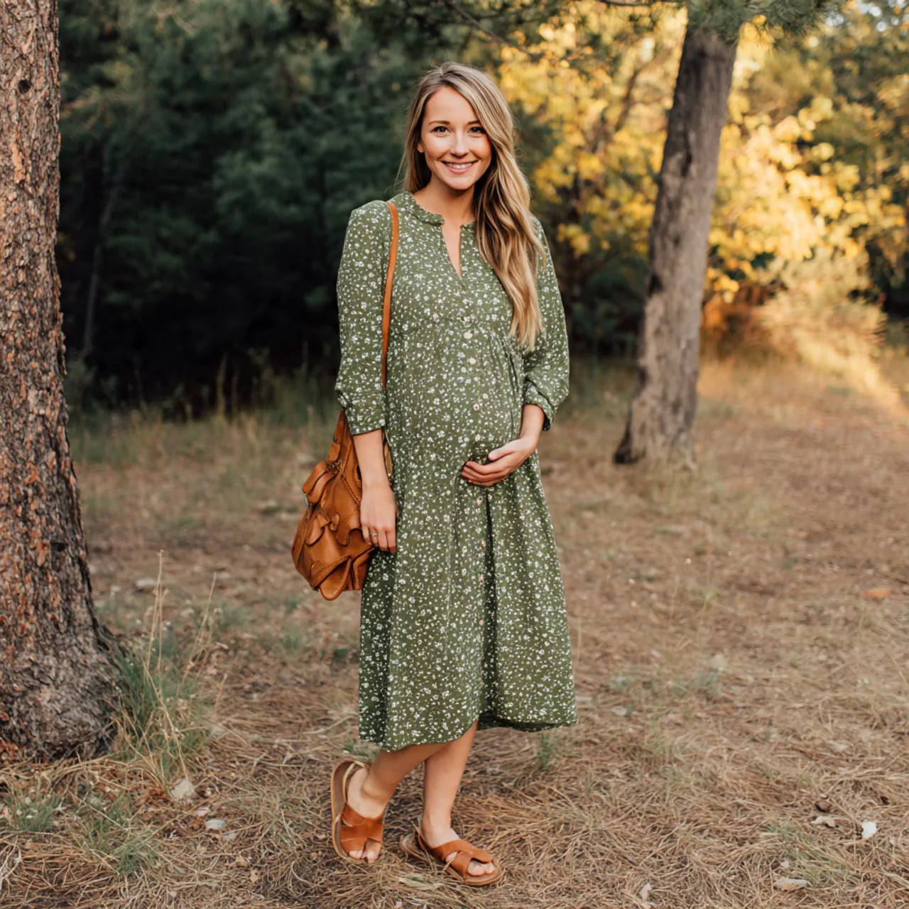 Casual Pregnancy Outfits: 16 Stylish and Comfortable Looks for Everyday Wear 14 button front dress with flat sandalscasual pregnan