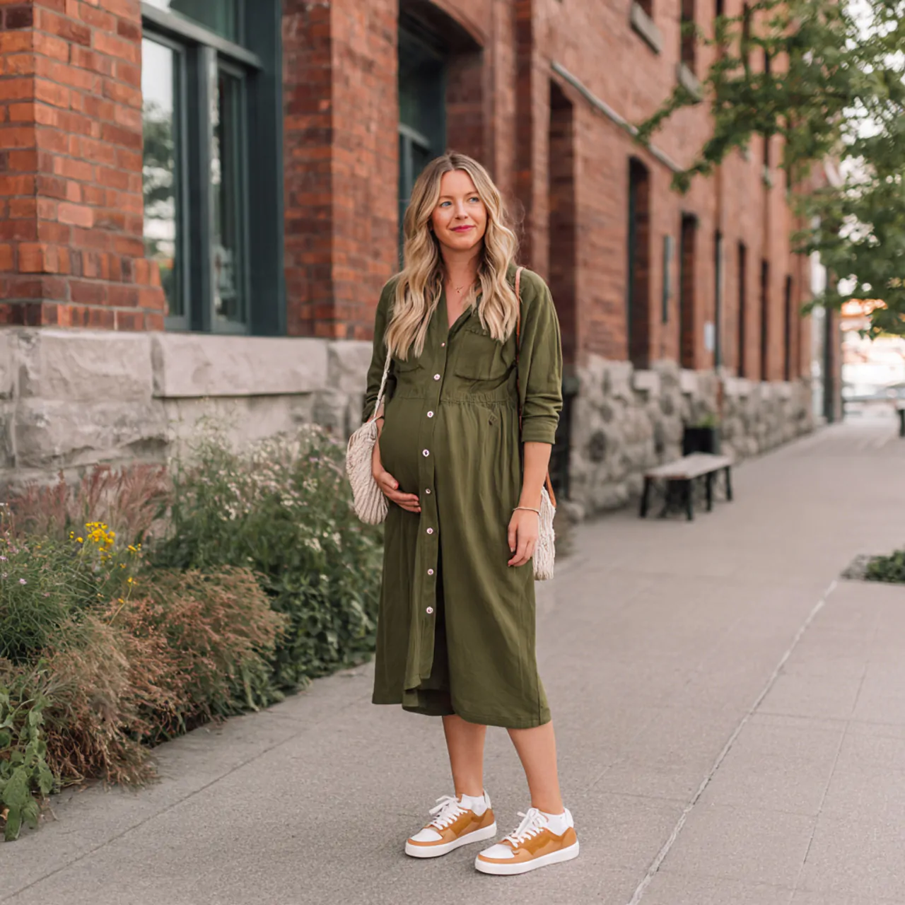 button front midi dress with sneakersspring pregna