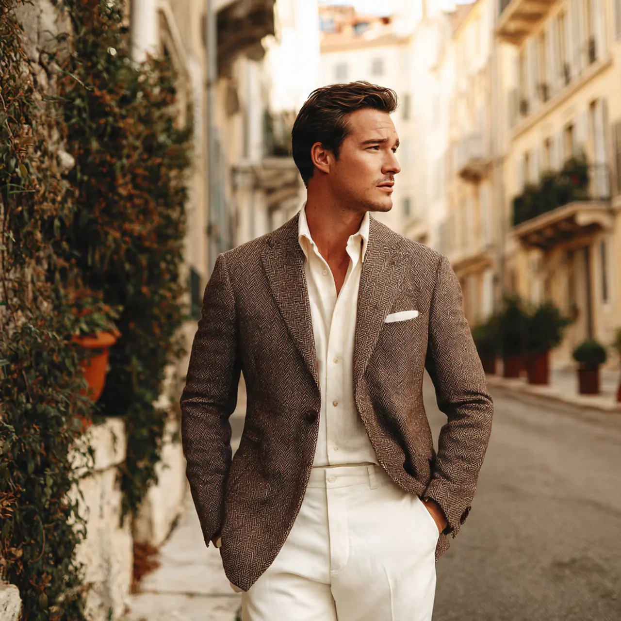 create a real man image wearing brown herringbone
