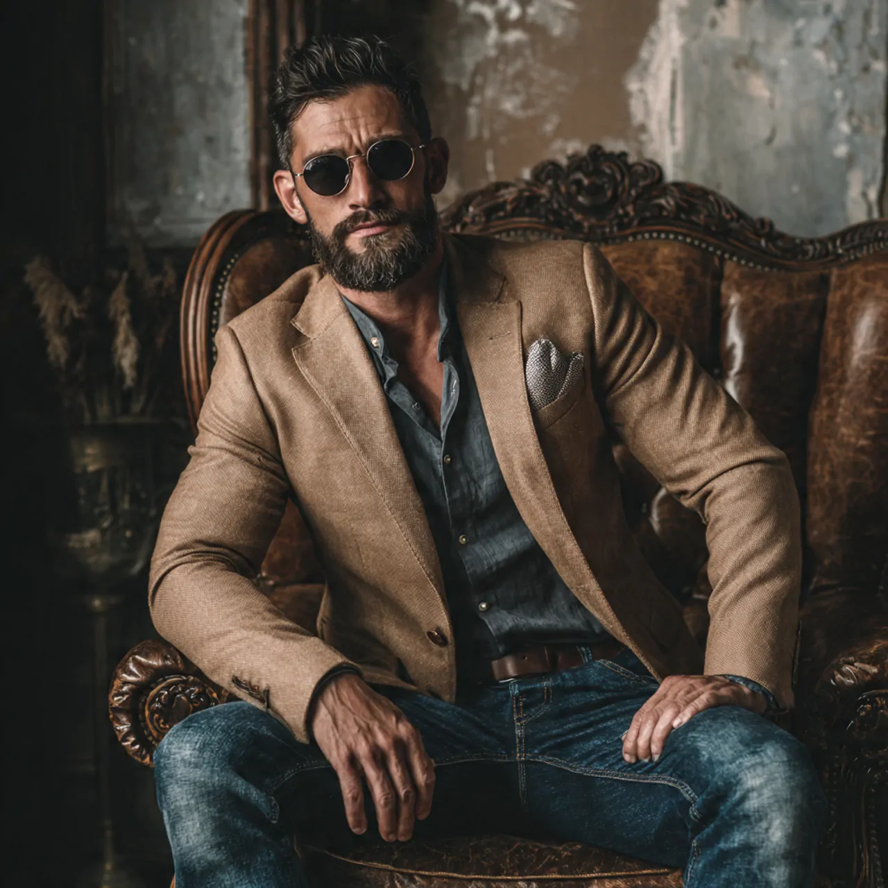 create a real man image wearing camel blazer with