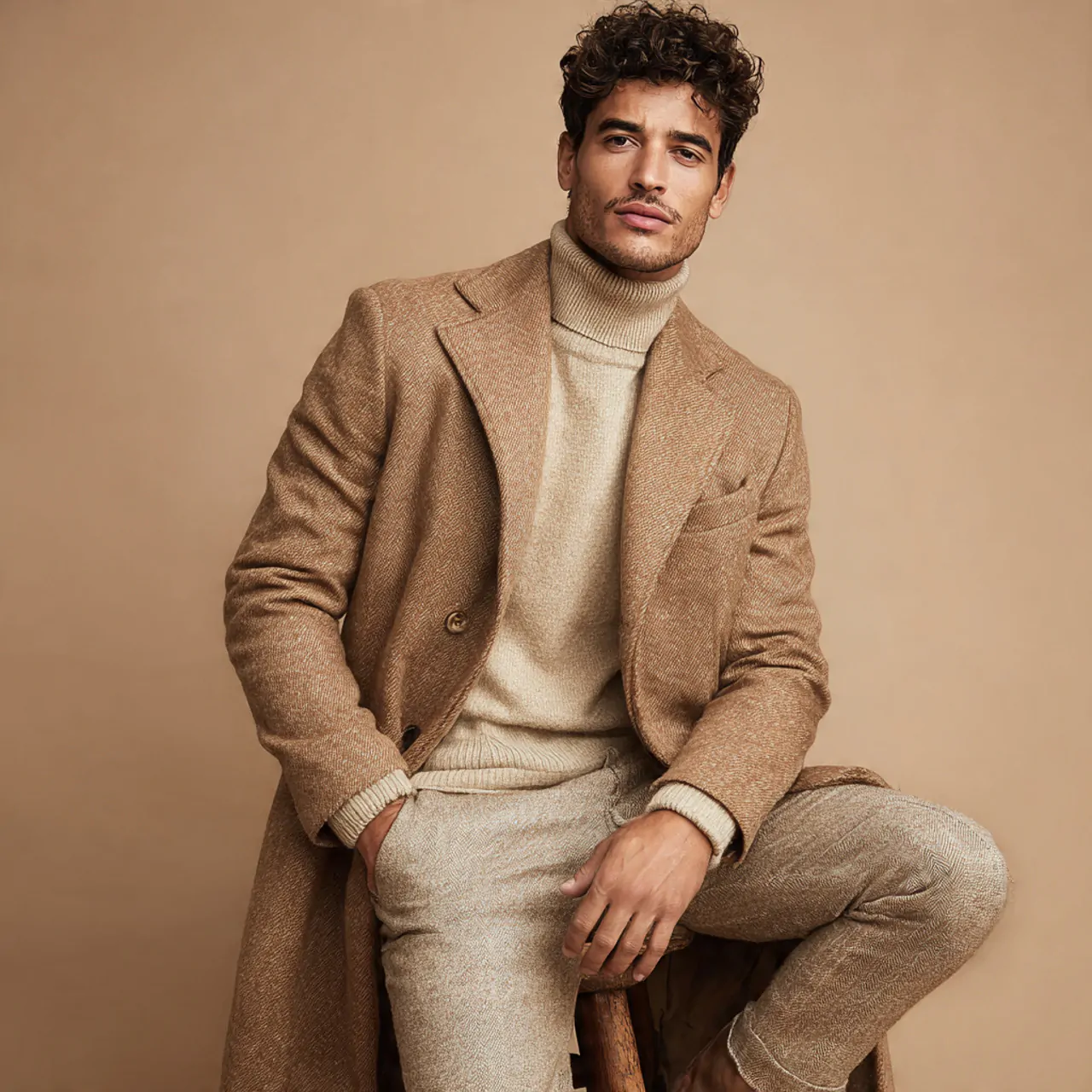create a real man image wearing camel overcoat wit