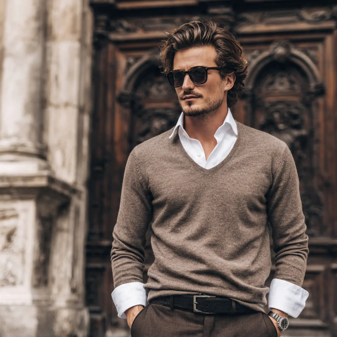 create a real man image wearing cashmere v neck wi