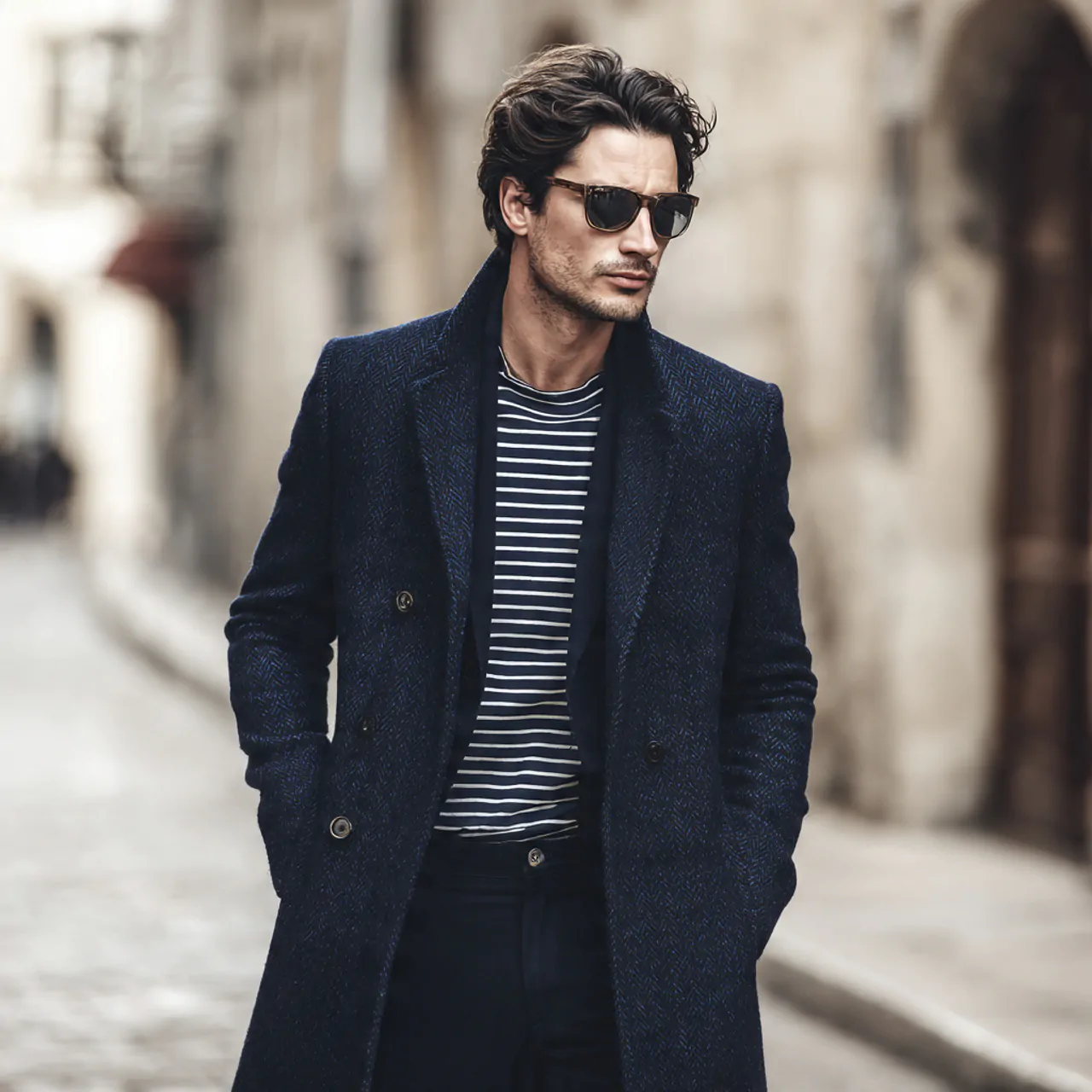 create a real man image wearing navy overcoat with