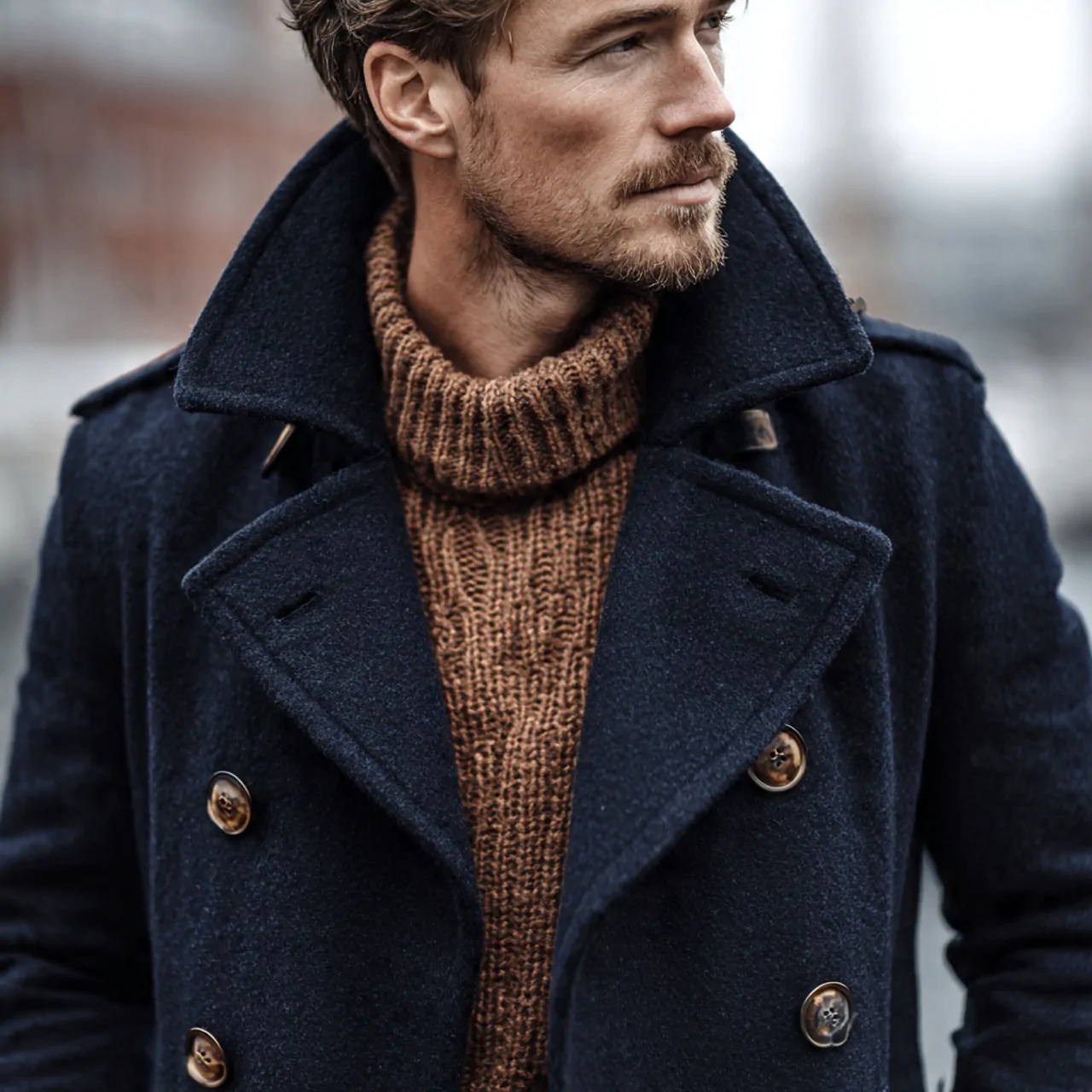 create a real man image wearing navy peacoat with